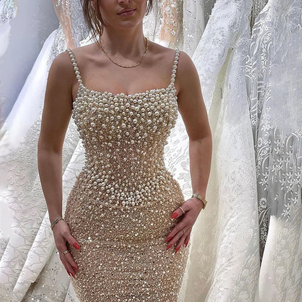 Elegant Nude Mermaid Evening Gown with Pearl Beading - Luxurious Women's Wedding Dress for Bride, Prom, Gala & Special Occasions | LA72321