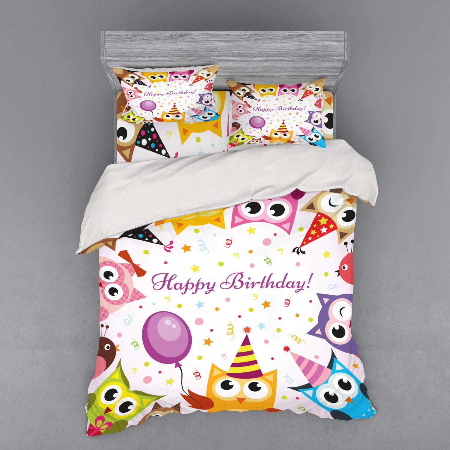 Ambesonne Birthday Party Owl Family Bedding Set - 4 Piece Duvet Cover with Shams & Fitted Sheet, Queen Size, Colorful Cone Hat Design - Perfect for Kids' Birthday Parties, Themed Bedrooms & Fun Sleepovers