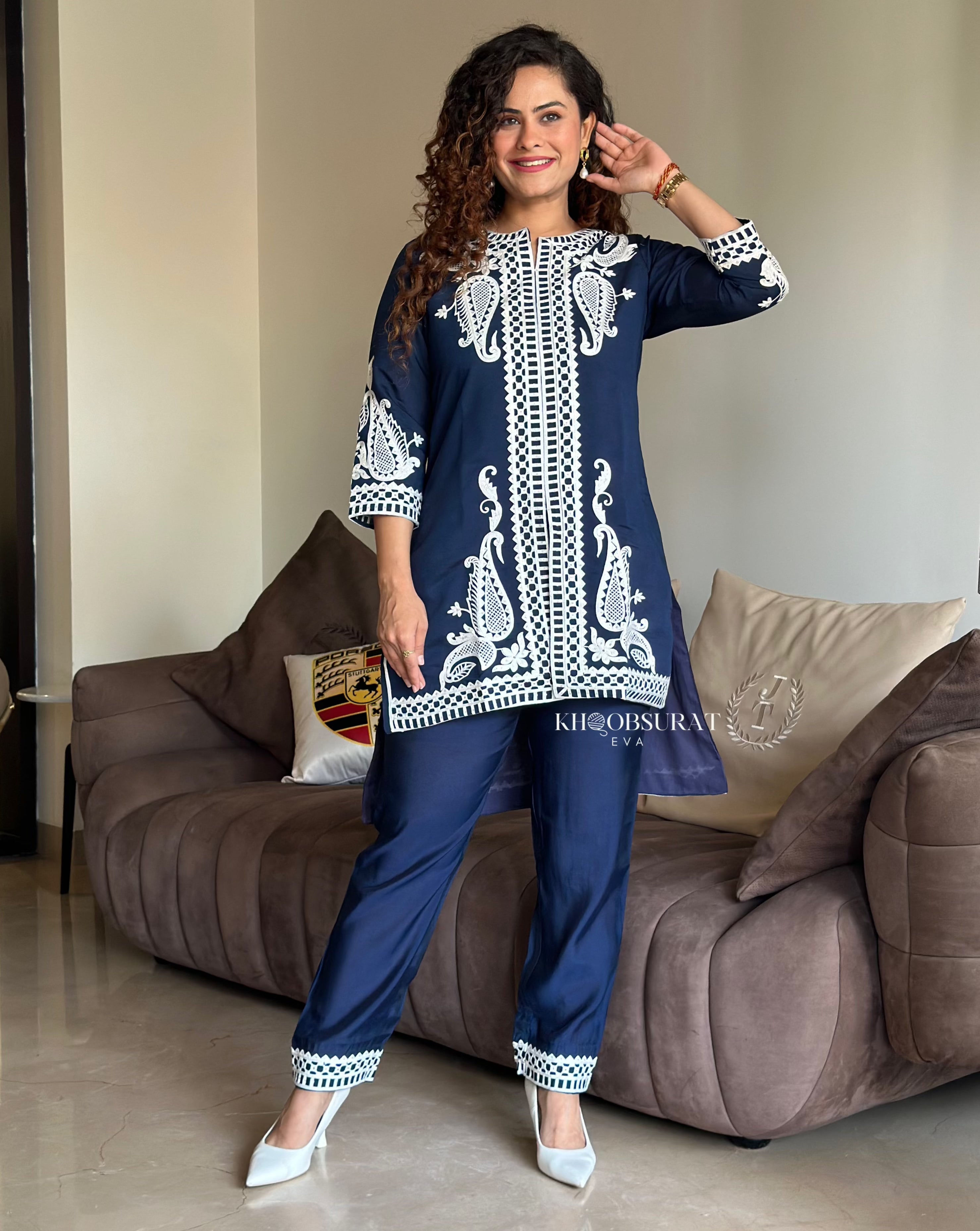 Sapphire Stitch Embroidered Blue Matching Outfit Set for Women - Elegant Lounge Wear & Casual Date Night Outfits
