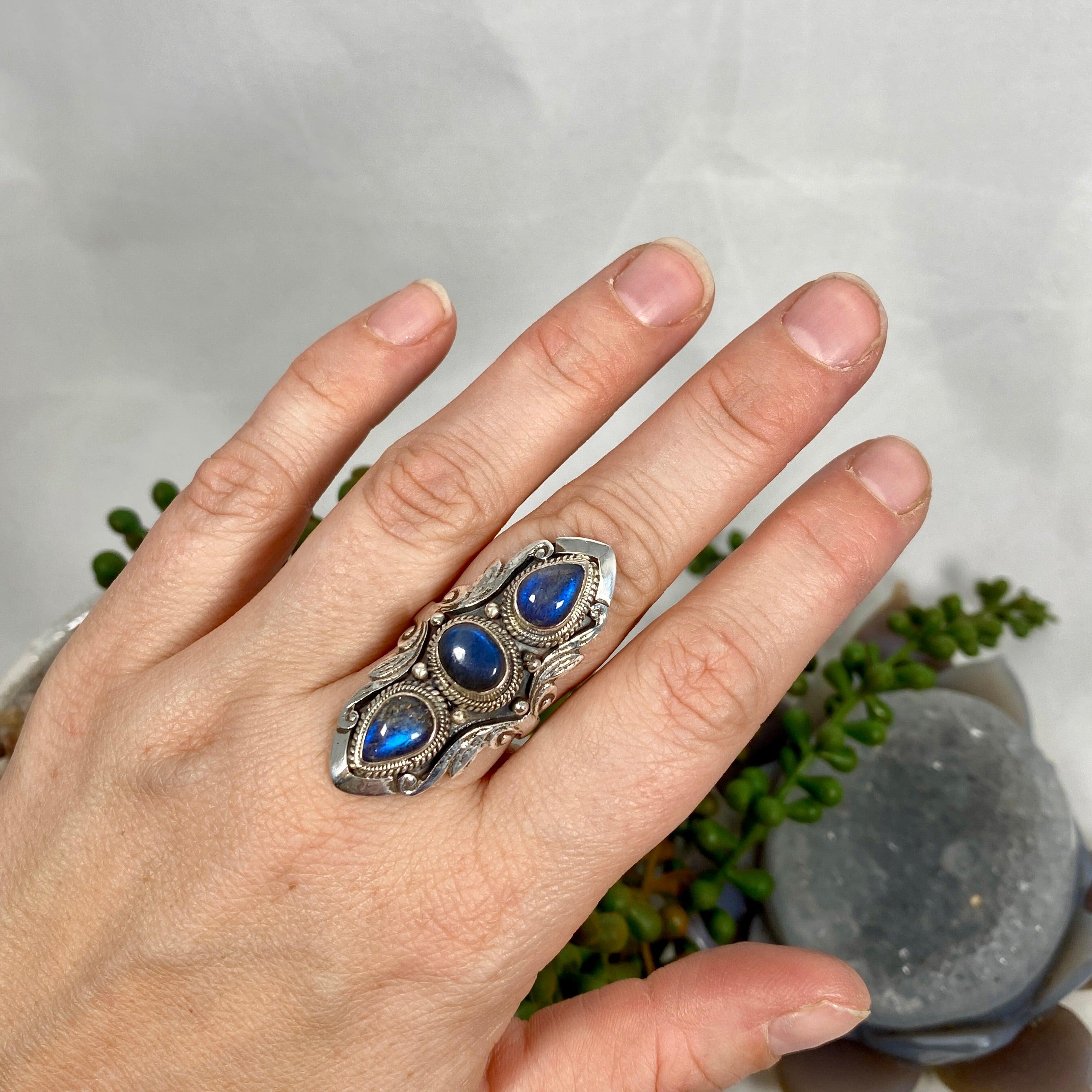 Boho Style Labradorite Multi-Stone Ring Size 7.5 - Handmade Sterling Silver Adjustable Statement Jewelry for Women, Perfect for Festivals, Weddings & Boho Fashion