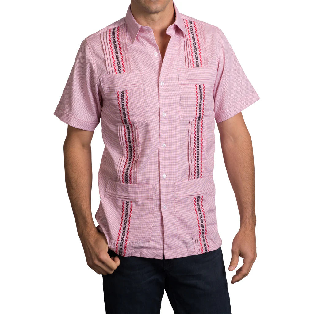 Can Cristobal Red Check Short Sleeve Guayabera Shirt for Men - Casual Summer Wear, Beach Vacation, and Tropical Party Outfit