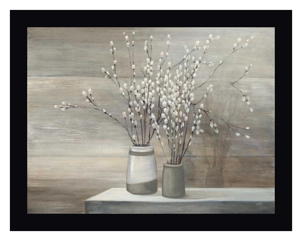 Julia Purinton Pussy Willow Still Life Gray Pots Framed Canvas Art Print - 28x36 Inches - Black Frame - Ready to Hang - Perfect for Living Room, Bedroom & Office Decor