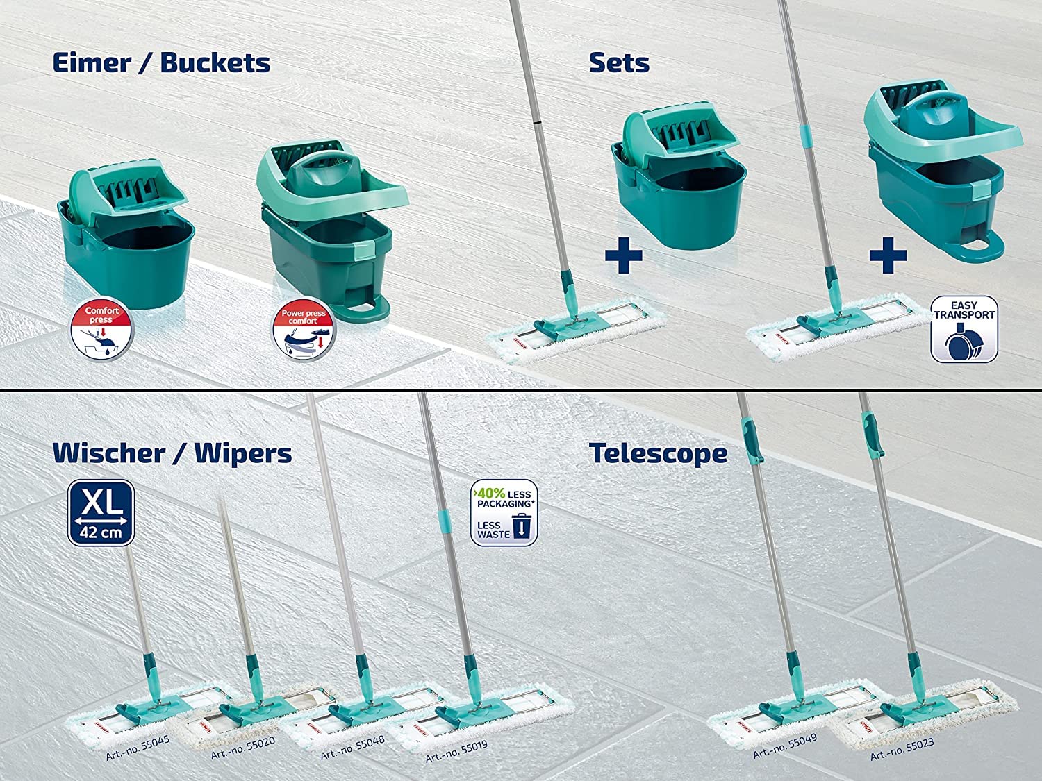 Leifheit Professional Evo Mop Press with Integrated Wheels - Heavy Duty Floor Cleaning for Kitchen, Bathroom & Hardwood Floors