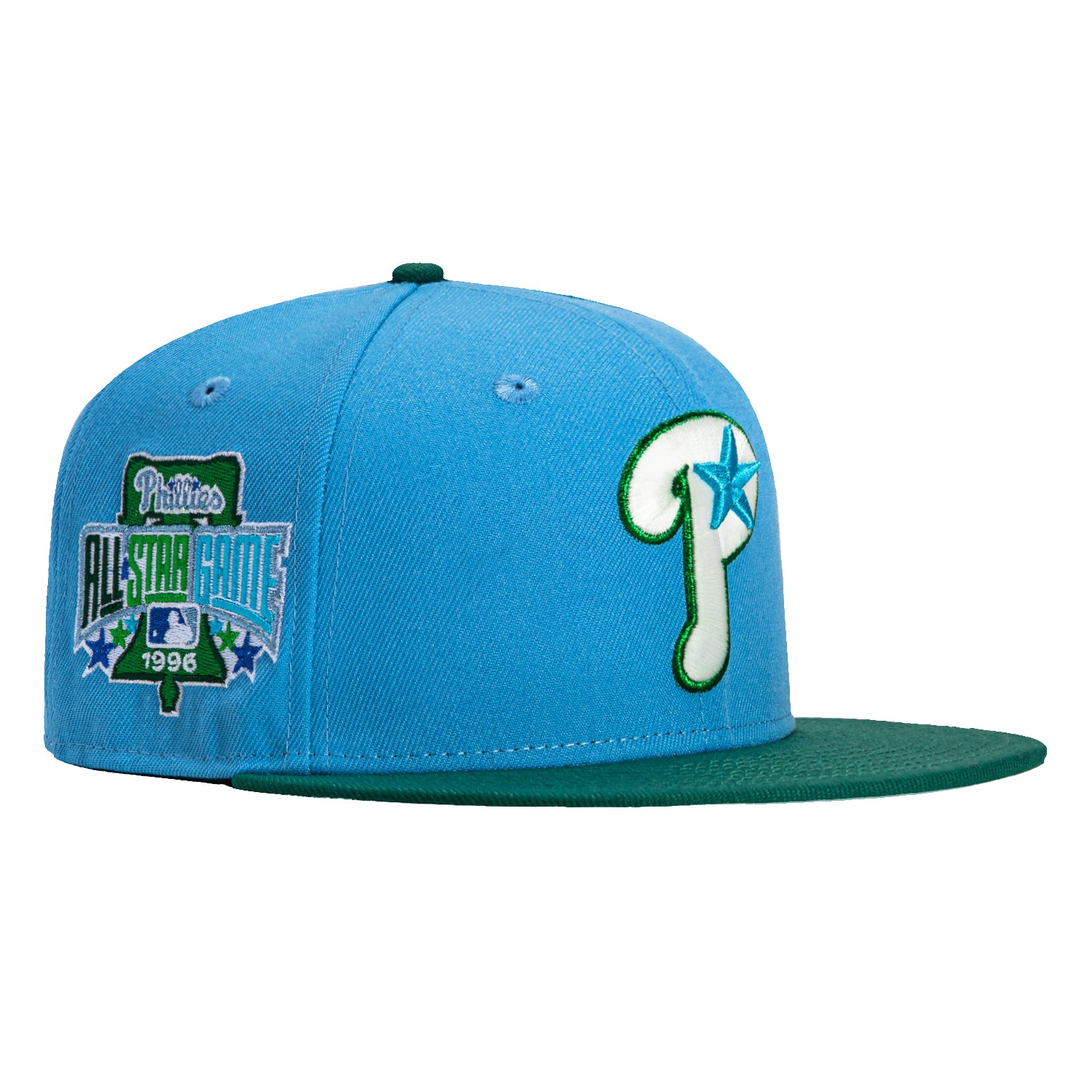 New Era 59Fifty Philadelphia Phillies 1996 All Star Game Patch Alternate Baseball Cap - Light Blue & Green - Vintage MLB Hat for Sports Fans & Collectors - Perfect for Games, Events & Casual Wear