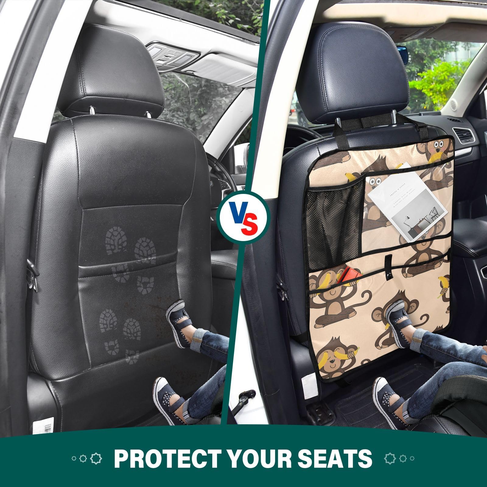 ODAWA Monkey Banana Pattern Cute 2-Pack Car Back Seat Cover & Organizer - Universal Vehicle Seat Protector with Storage Pockets for Kids, Pets, and Travel Accessories - Perfect for Family Road Trips and Daily Commutes