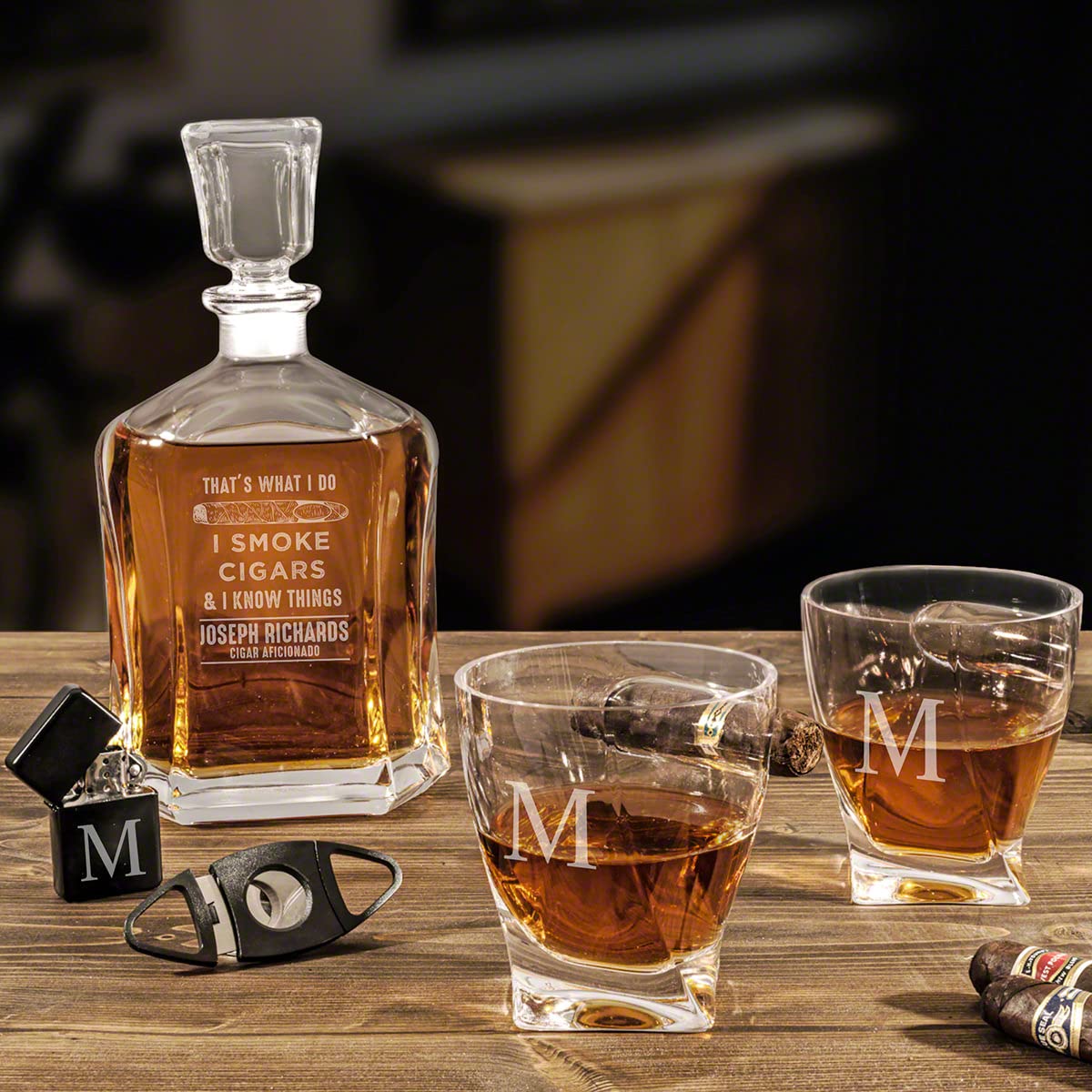 Personalized Engraved Whiskey Glasses Gift Set with Cigar Holder - Custom I Know Things Design - Perfect for Bourbon Lovers, Whiskey Tasting & Cigar Aficionados