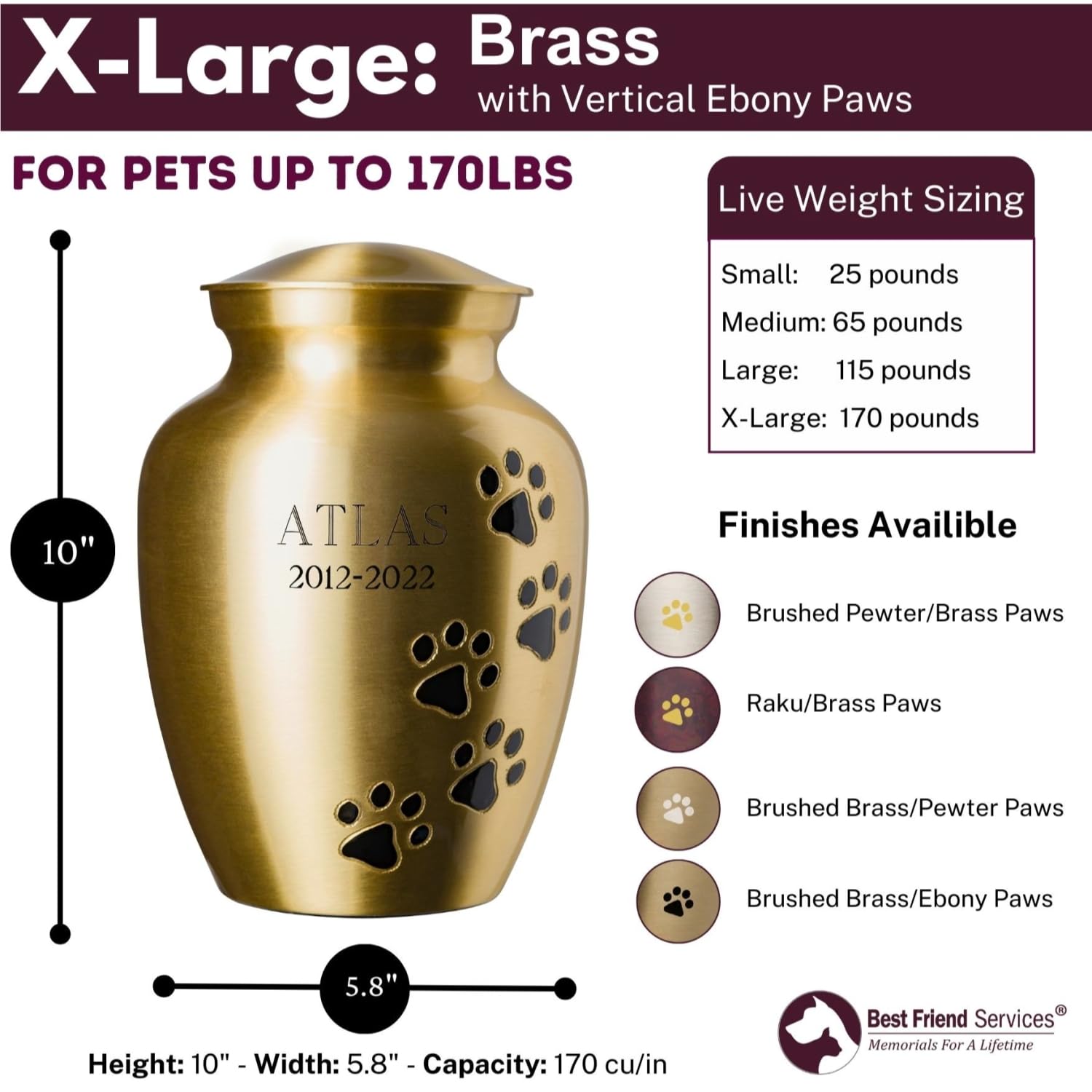 Ottillie Paws Elite Series Personalized Pet Urn for Dogs and Cats - Custom Engraved Brass Memorial Urn, Vertical Ebony Design, X-Large Size - Perfect for Home or Garden Pet Memorials