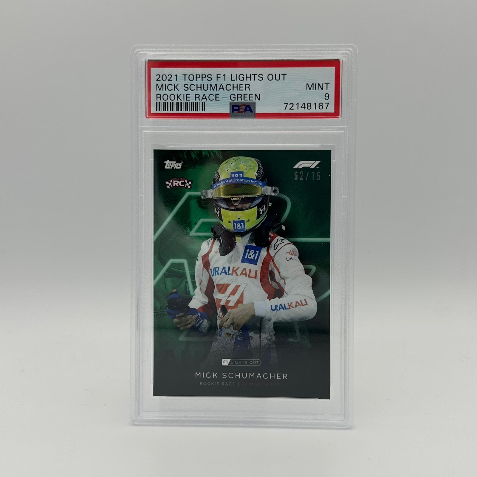 PSA 9 Graded 52/75 Mick Schumacher Rookie Race Green Parallel Card - Perfect for Collectors, Racing Fans & Sports Memorabilia Enthusiasts
