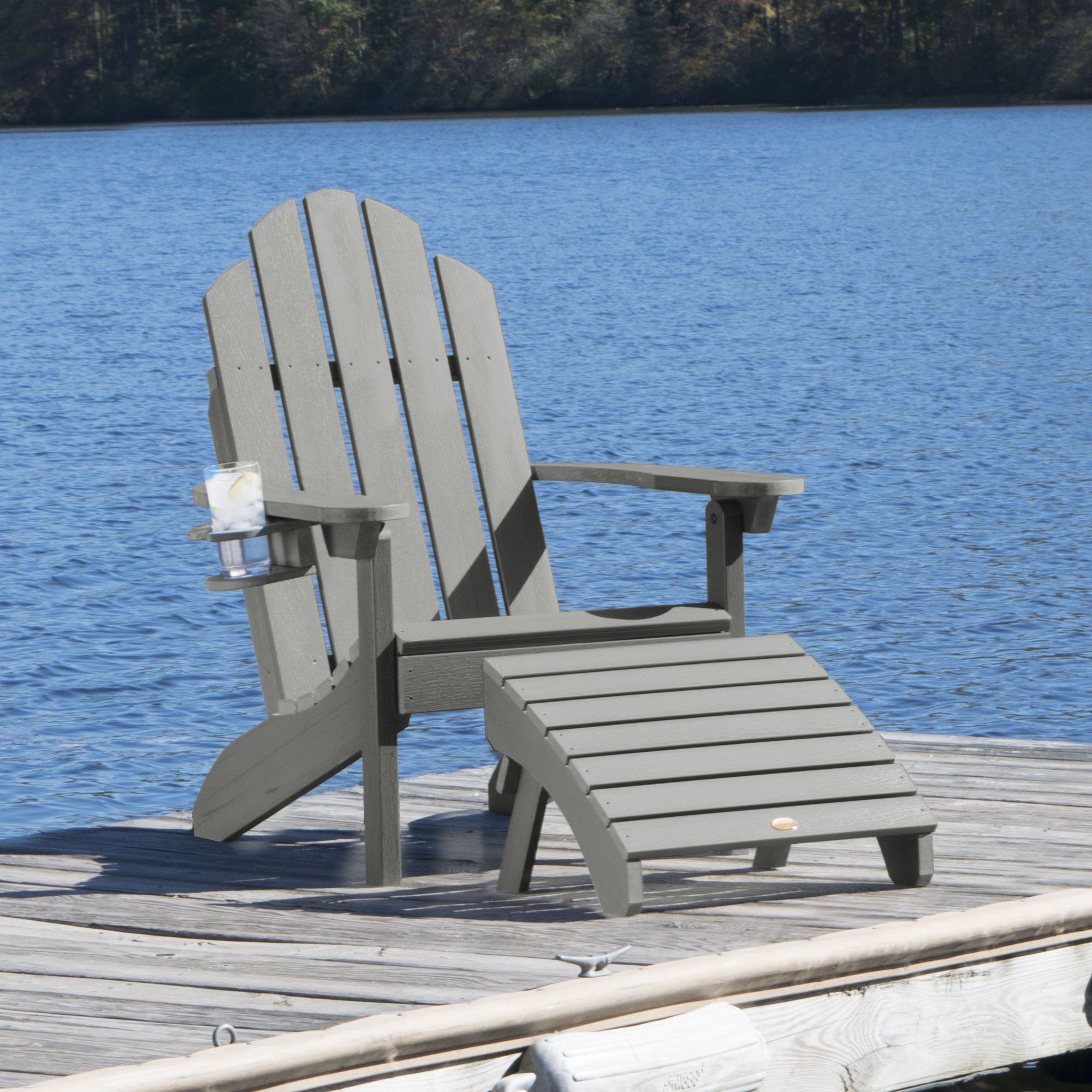Classic Westport Adirondack Chair with Cup Holder & Folding Ottoman - Outdoor Patio Furniture for Garden, Poolside, Deck, and Backyard Relaxation