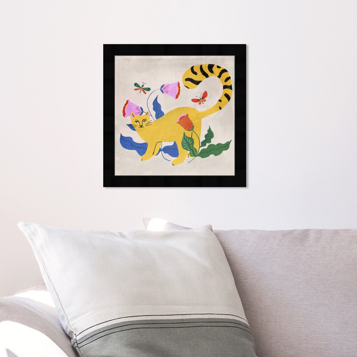 Blonde Tabby Floral Kitten Butterfly Garden Modern Yellow Framed Wall Art Print - Perfect for Bedroom, Nursery & Home Decor