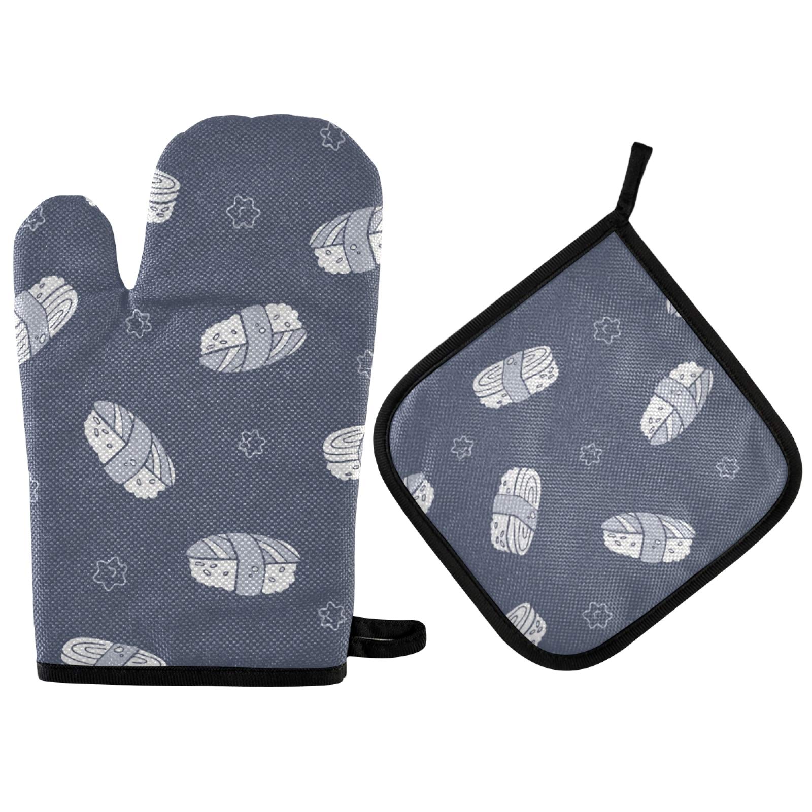 Emelivor Cute Sushi Kitchen Oven Mitts & Pot Holder Set - Non-Slip Heat Resistant Baking Gloves for Cooking, Grilling, and Serving