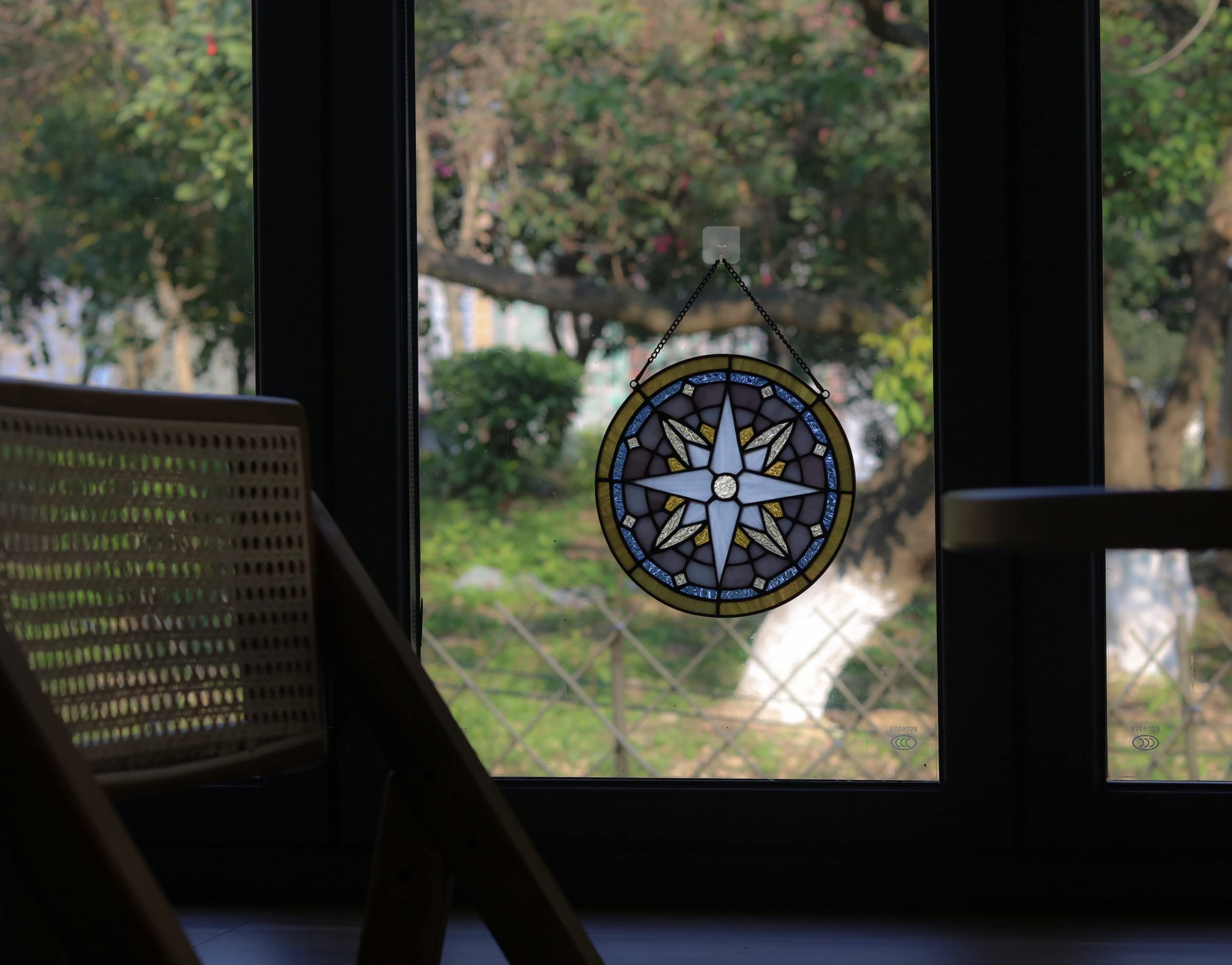 Compass Rose Stained Glass Window Hangings - Round Nautical Tiffany Style Boho Decor for Windows, Doors & Home Decor | Perfect for Beach Houses, Coastal Decor & Nautical Theme Rooms