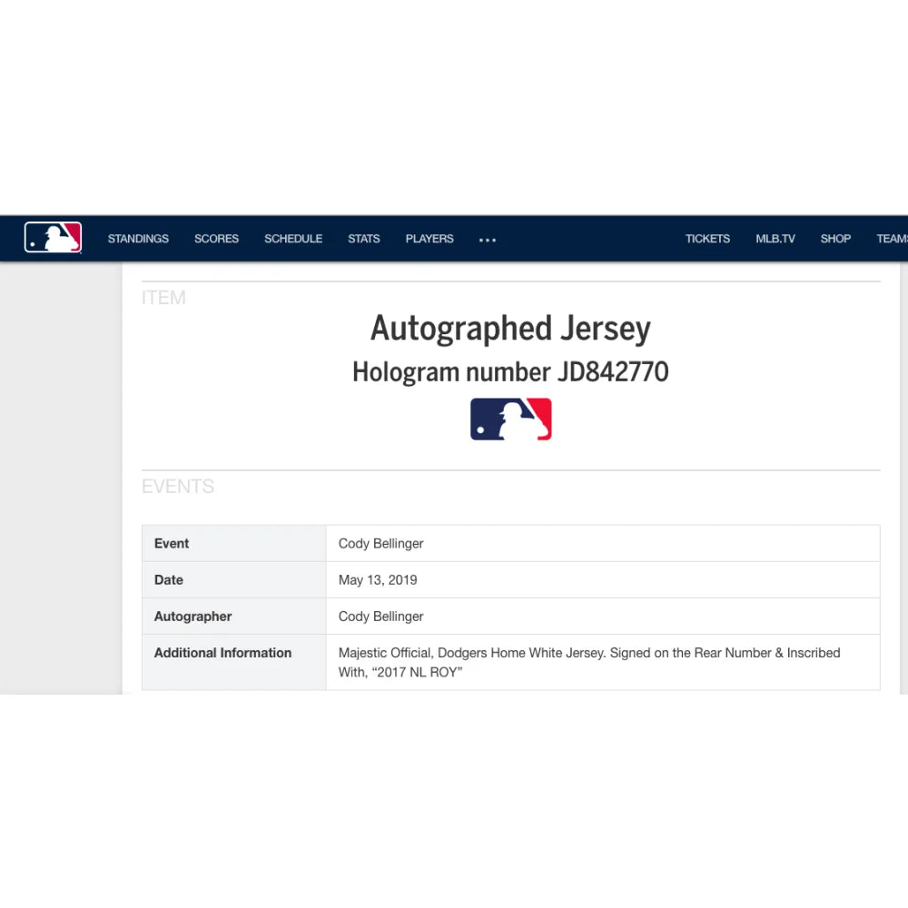 Authentic Cody Bellinger Signed 2017 NL ROY Dodgers Jersey with COA - MLB Autographed Memorabilia for Fans & Collectors - Perfect for Display, Gifts, and Sports Memorabilia Collections
