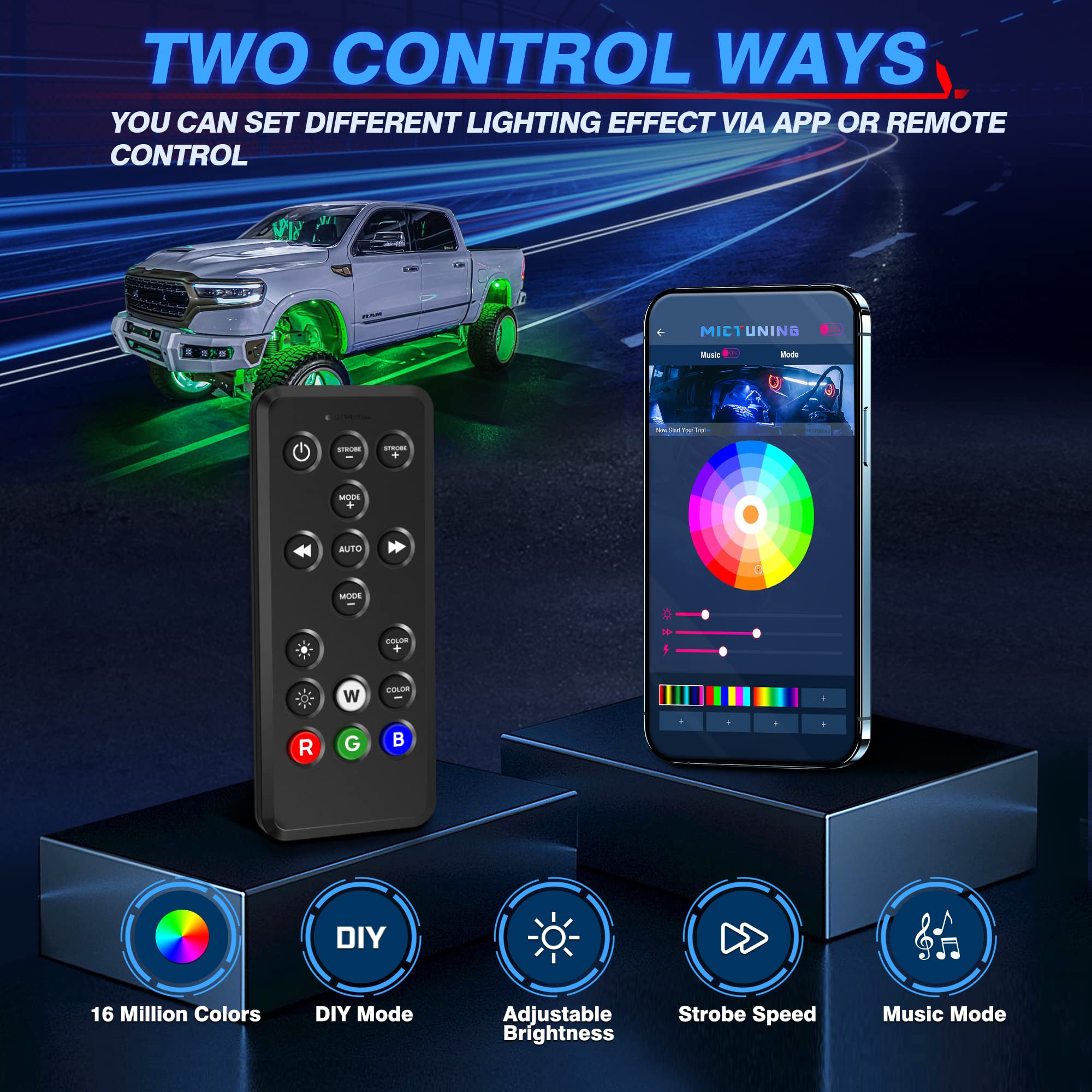 MICTUNING Q1 RGBW LED Rock Lights - 12 Pods Underglow Multicolor Neon Lights with Bluetooth App & Remote Control | Waterproof Off-Road Lighting Kit for Trucks, ATVs, UTVs, SUVs | Perfect for Night Rides, Car Shows & Off-Road Adventures