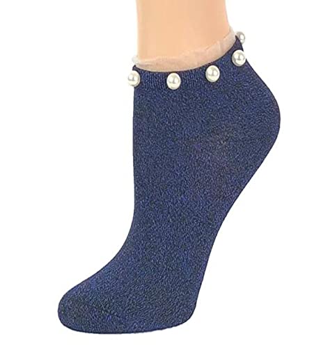 Pearl Sea Blue Glitter Socks - Women's Breathable Nylon Ankle Socks for Summer & Party
