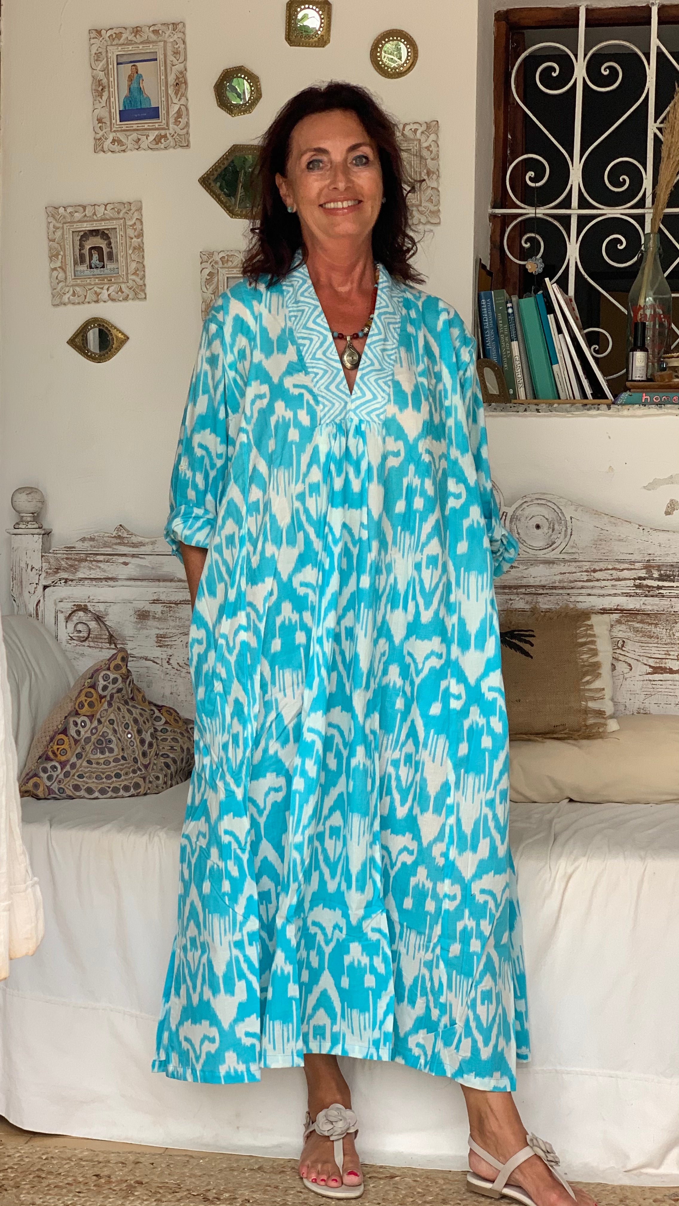 Bohemian Turquoise and White Ikat Print Long Tunic - Flowy Boho Chic Blouse for Women | Perfect for Beach Vacations, Music Festivals & Casual Summer Outfits