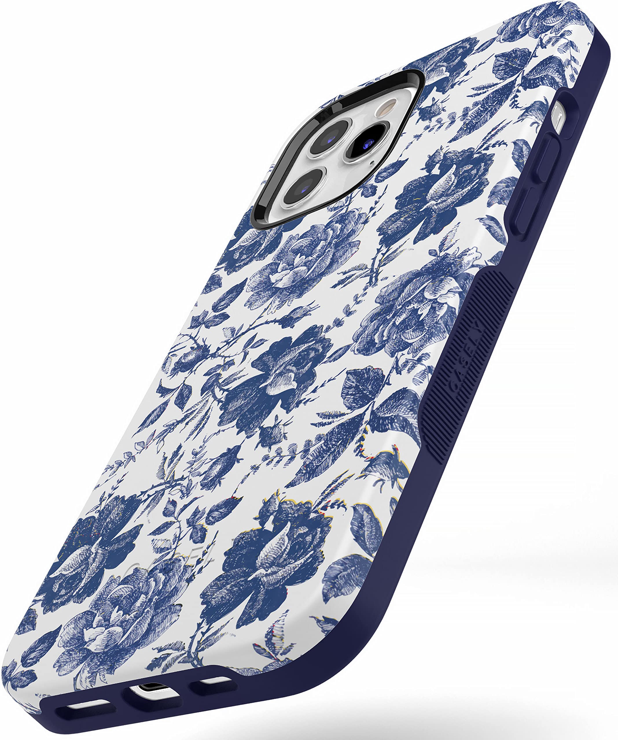 Casely iPhone 12/12 Pro Case - Rose Floral Design with Blue & White Flowers | MagSafe Compatible Protective Cover | Perfect for Everyday Use, Travel & Gift Giving