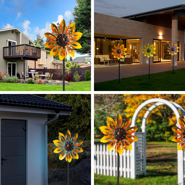 Solar-Powered Dual Direction Wind Spinner - Kinetic Metal Copper Bronze Yard Art for Garden, Lawn & Outdoor Decor | Weather-Resistant Spinning Ornament with LED Lights for Patio, Backyard & Landscape Decoration