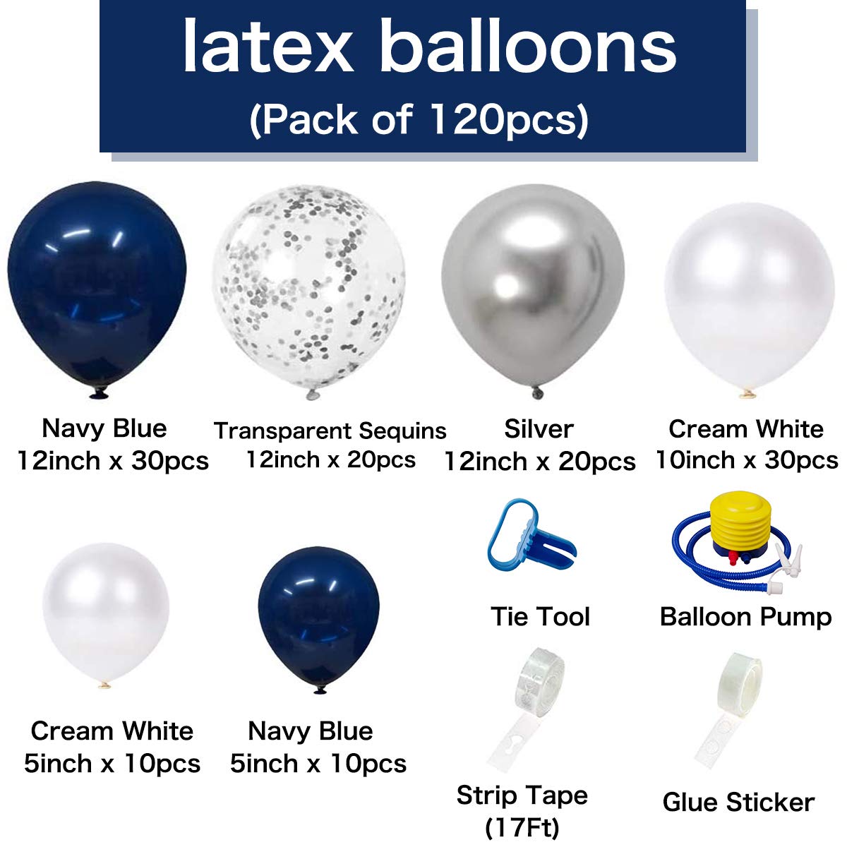 Silver Blue Balloon Arch Garland Kit - 120 pcs Navy Blue, White & Silver Confetti Latex Balloons with 16ft Tape Strip & Air Pump for Party, Wedding, Birthday, Graduation, Anniversary Decorations | Perfect for DIY Home Decor, Baby Showers, Bridal Showers, and Holiday Celebrations