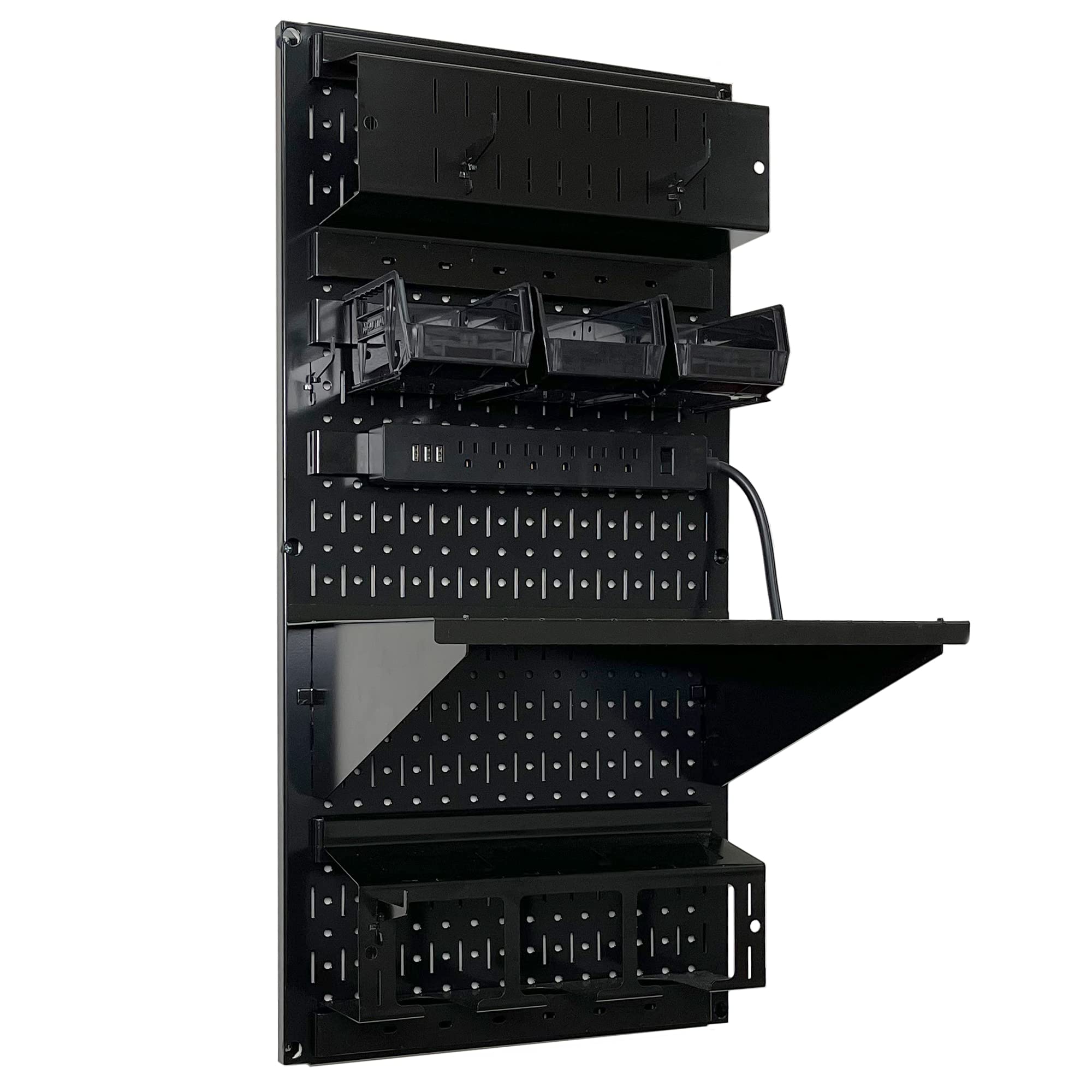 Wall Control Power Tool Storage Organizer Kit - 16”x32” Metal Pegboard System with Cordless Drill Holder & Charging Station | Garage Workshop Organization for DIY Tools (Black Pegboard)