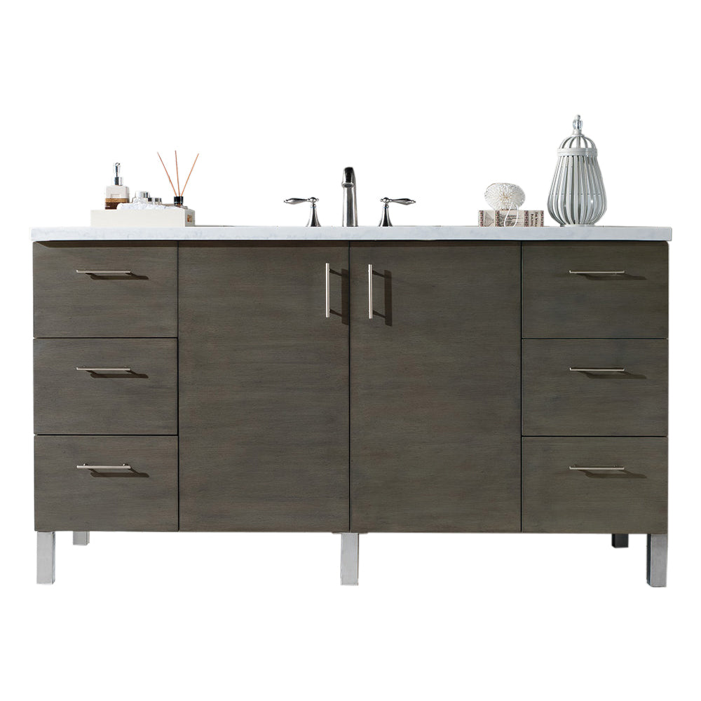 Metropolitan 60 Inch Single Bathroom Vanity in Silver Oak with 3CM Eternal Jasmine Pearl Quartz Countertop - Perfect for Modern Master Bathrooms & Powder Rooms