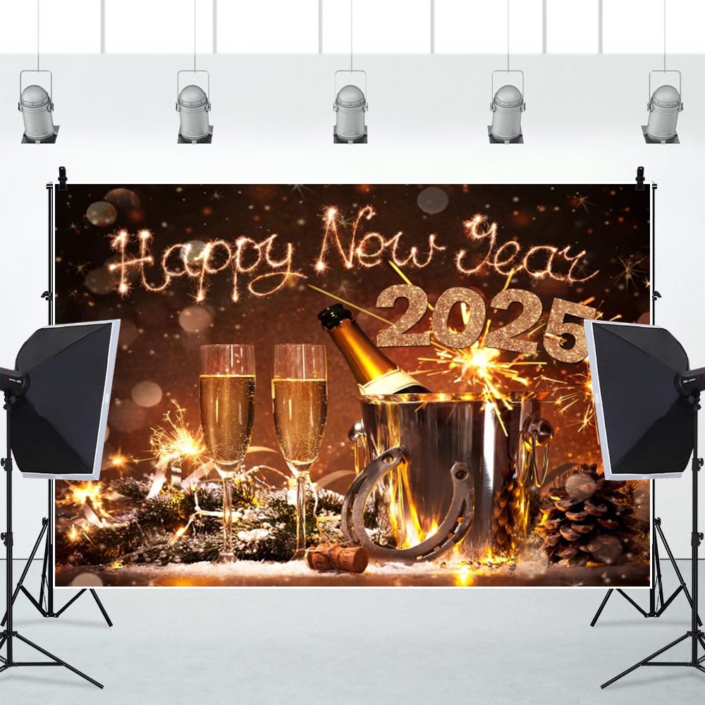 Leowefowa 9x6ft New Year's Eve 2025 Backdrop - Lucky Horseshoe & Champagne Fireworks Bokeh Photo Background for Christmas & NYE Party Decorations - Perfect for Home Celebrations, Photo Booths & Social Media Posts