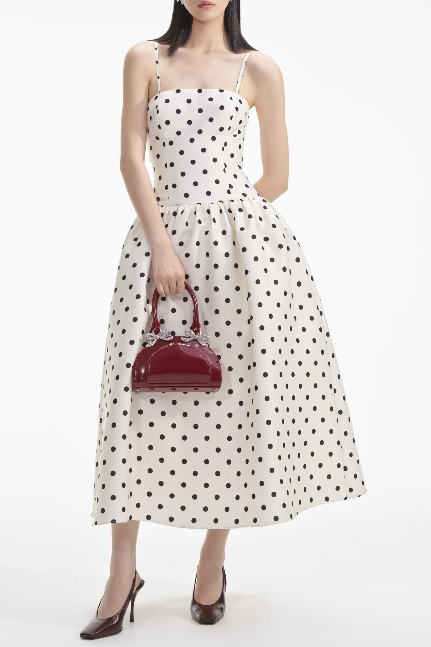 Polka Dot Taffeta Midi Dress for Women - Elegant Cream Floral Print Party Dress for Wedding, Cocktail & Special Occasions