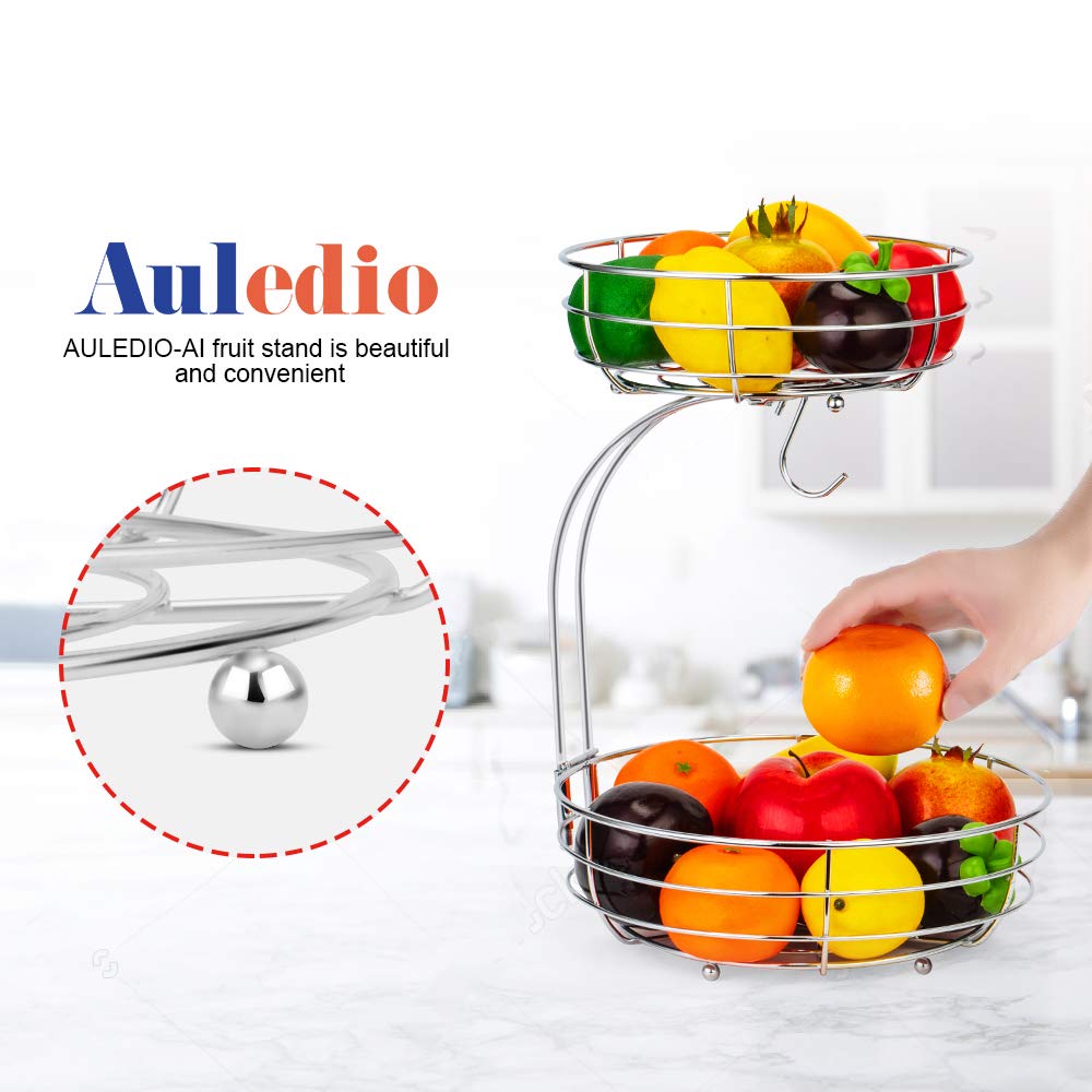 Auledio 2-Tier Countertop Fruit and Vegetable Storage Basket with Banana Hanger - Chrome Metal Kitchen Organizer for Fresh Produce Display in Pantry or Dining Room