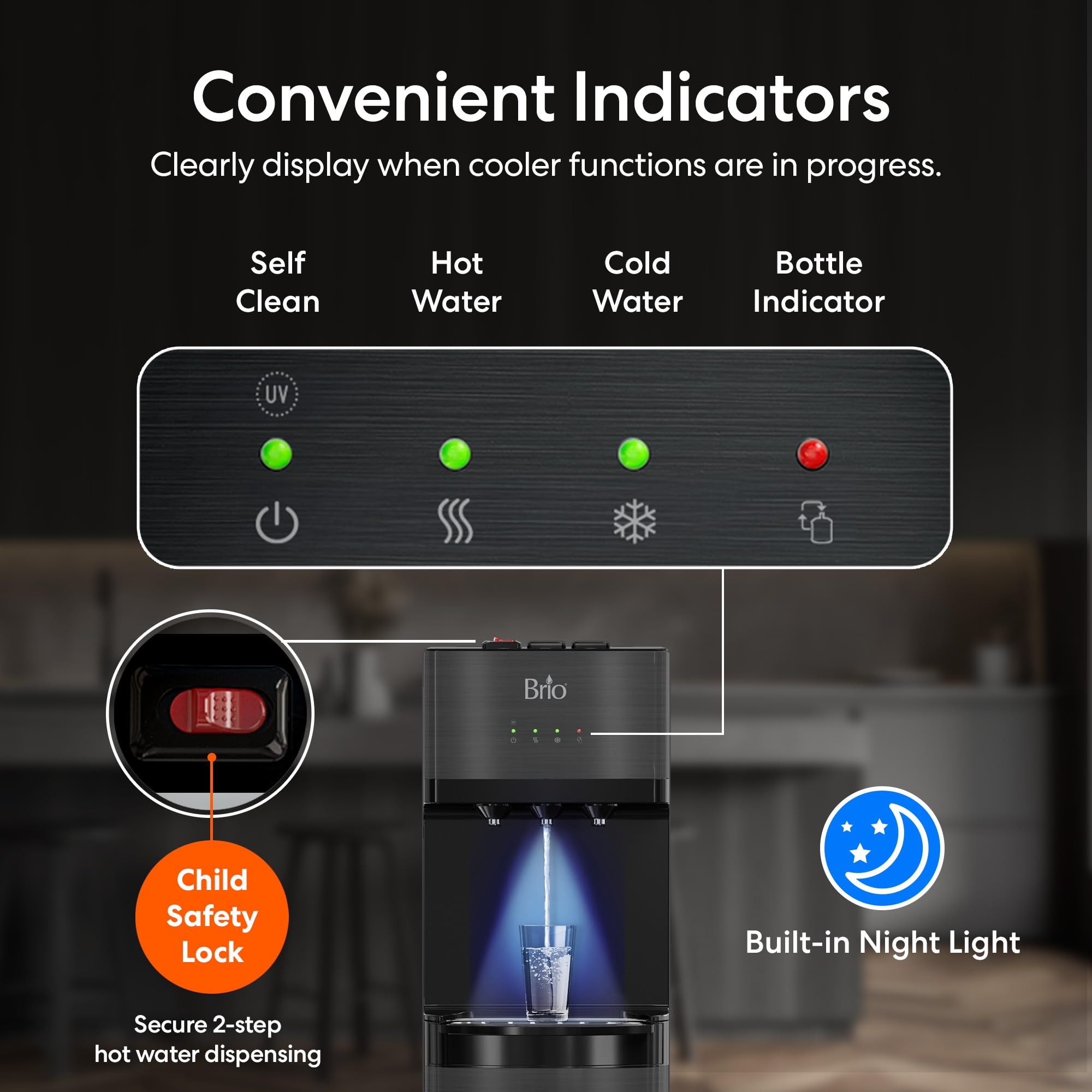 Brio Self-Cleaning Bottom Loading Water Cooler Dispenser - Black Stainless Steel - 3 Temperature Settings (Hot, Room & Cold) - Ideal for Home, Office & Kitchen Use