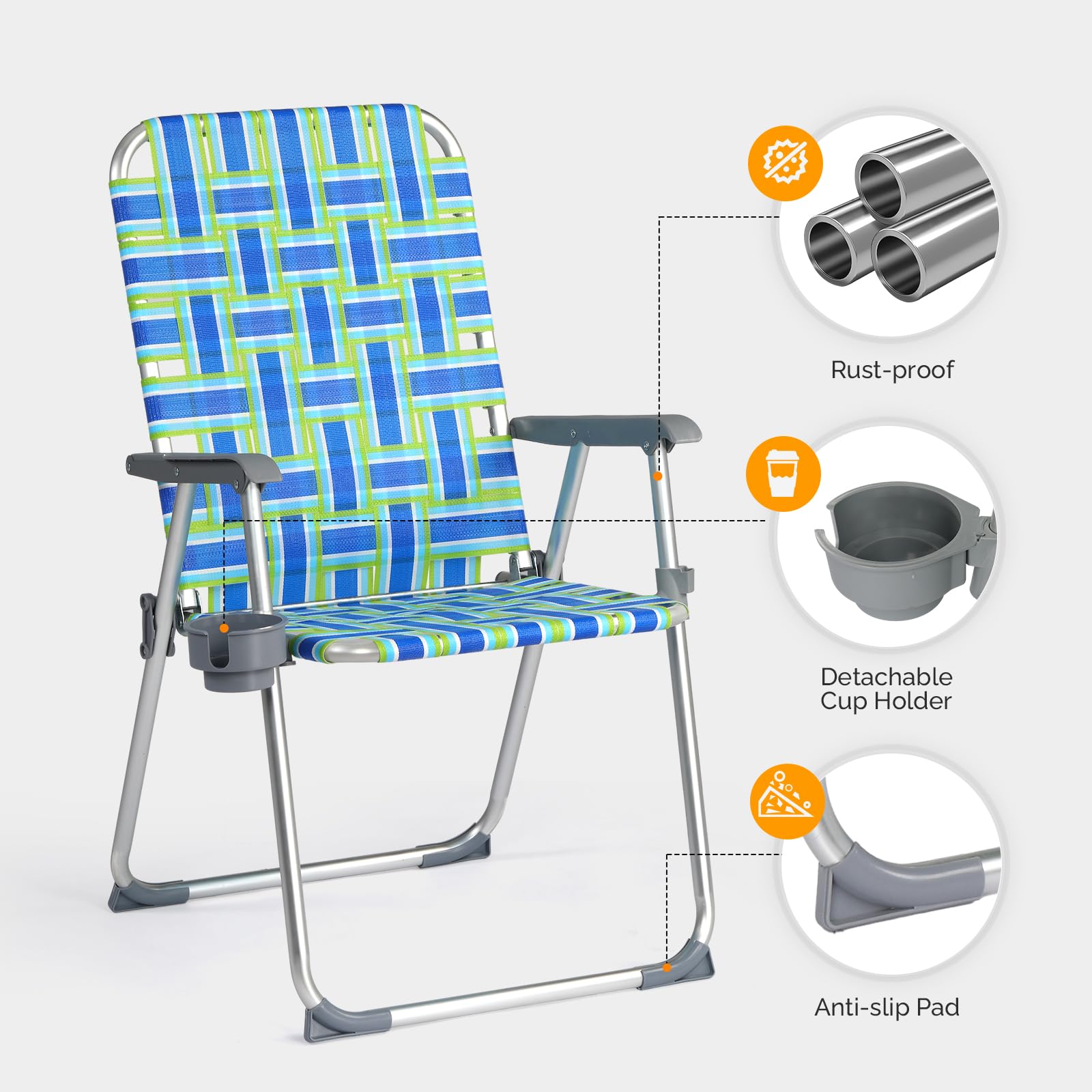 VINGLI 2-Pack Aluminum Folding Patio Chairs with Cup Holder - Portable Outdoor Lawn Chairs for Beach, Camping, Garden & Backyard - Lightweight Webbed Design (Blue) | Perfect for Picnics, BBQs, and Poolside Relaxation
