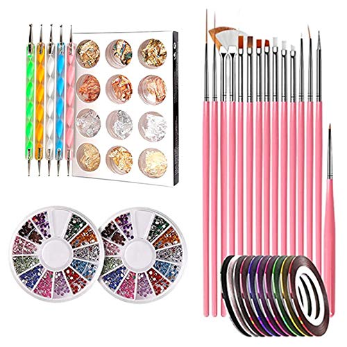 44 Pcs Nail Art Kit - Professional Nail Pen Designer Tools, Painting Brushes, Dotting Tools, Foil Rhinestones & Manicure Tape for Nail Decoration - Perfect for DIY Home Manicures & Salon Nail Art Designs