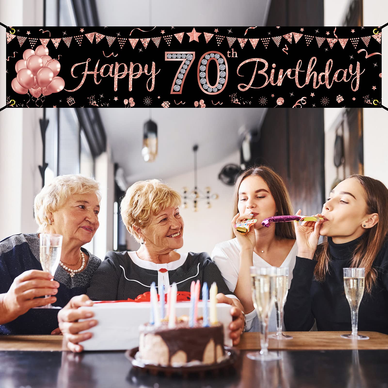 Rose Gold 70th Birthday Banner Decorations for Women - Happy 70 Year Old Party Sign Supplies - Indoor & Outdoor Celebration Decor - Perfect for Milestone Birthday Parties, Retirement Celebrations & Family Gatherings