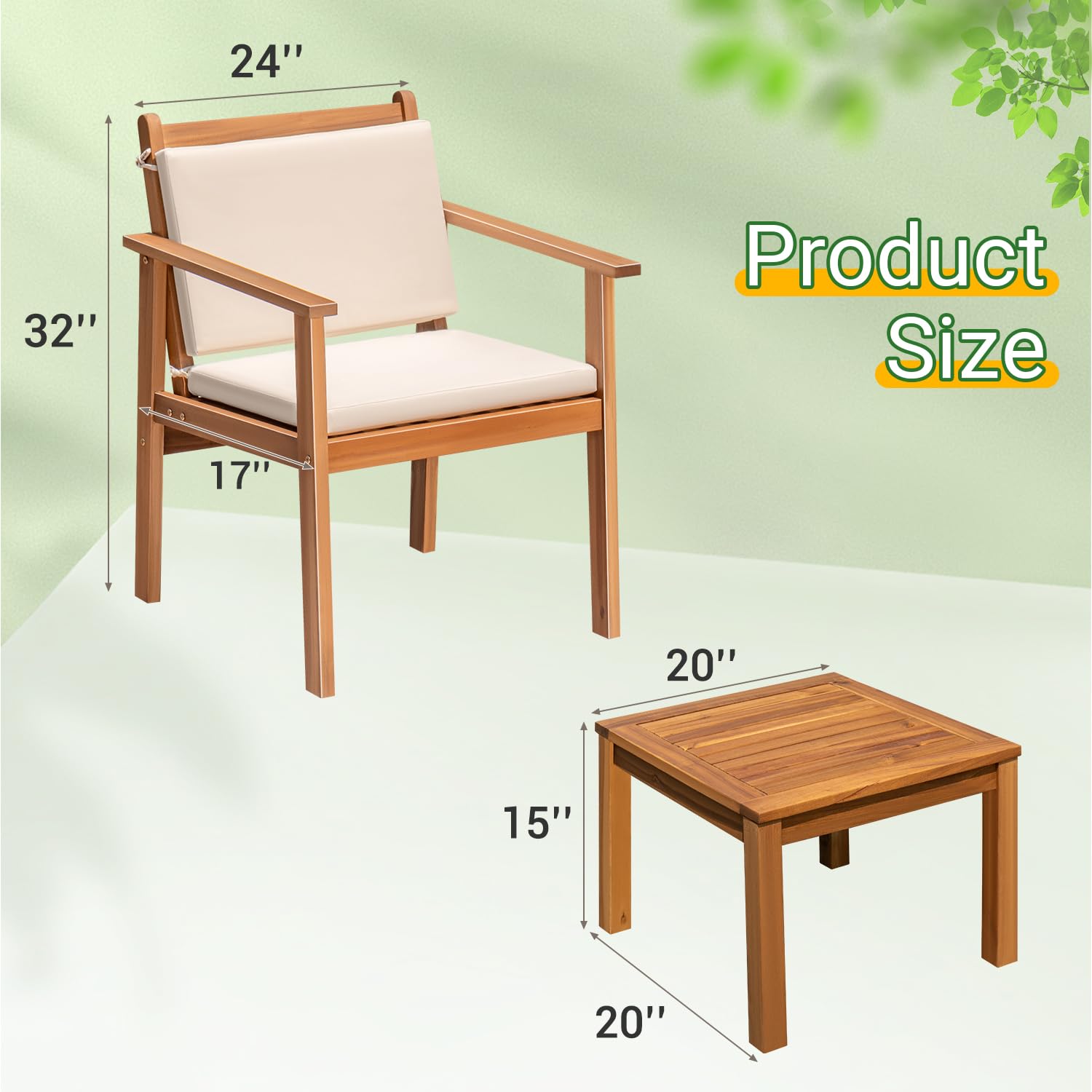 Greesum 3-Piece Outdoor Patio Furniture Set - Acacia Wood Bistro Sofa with 2 Chairs & Coffee Table, Includes Cushions - Perfect for Garden, Backyard, Poolside, Deck or Patio - White Weather-Resistant Conversation Set