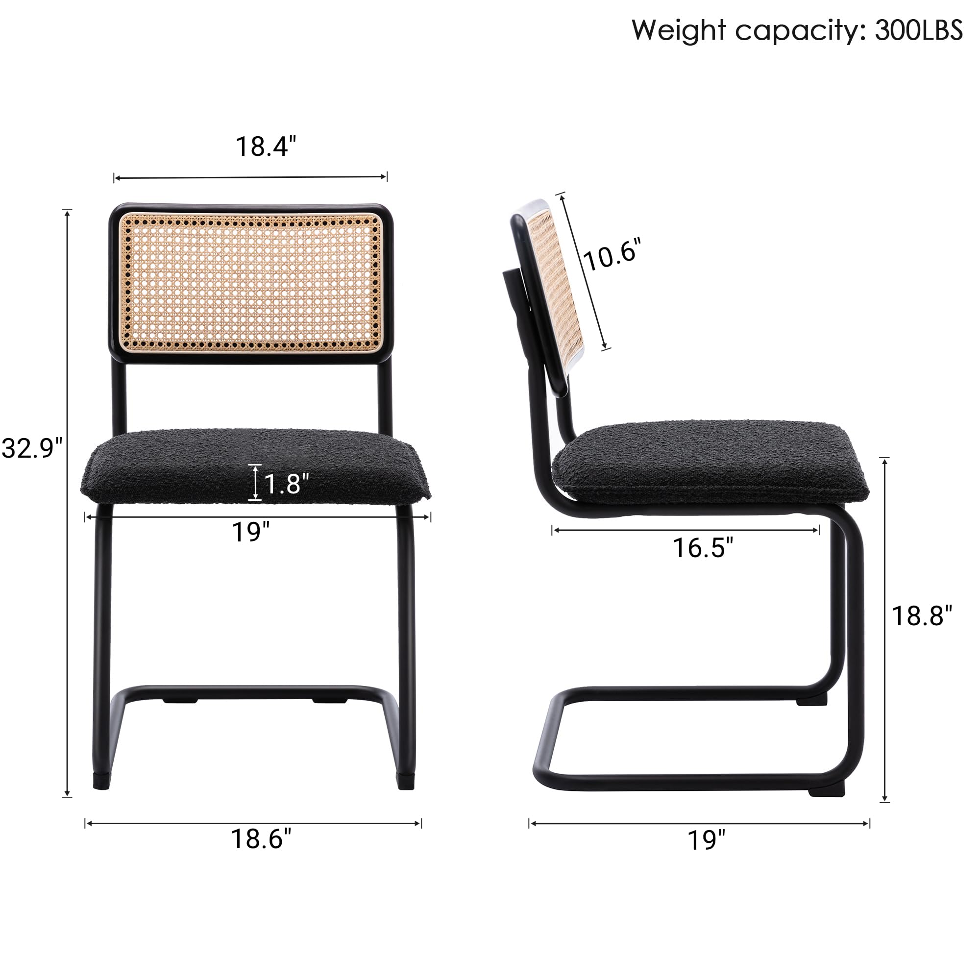 ONEVOG 4-Piece Boucle Dining Chair Set - Modern Upholstered Cane Chairs with Natural Rattan Back & Sturdy Metal Frame - Comfortable Accent Seating for Dining Room, Kitchen or Living Room - Perfect for Family Gatherings & Dinner Parties (Black)