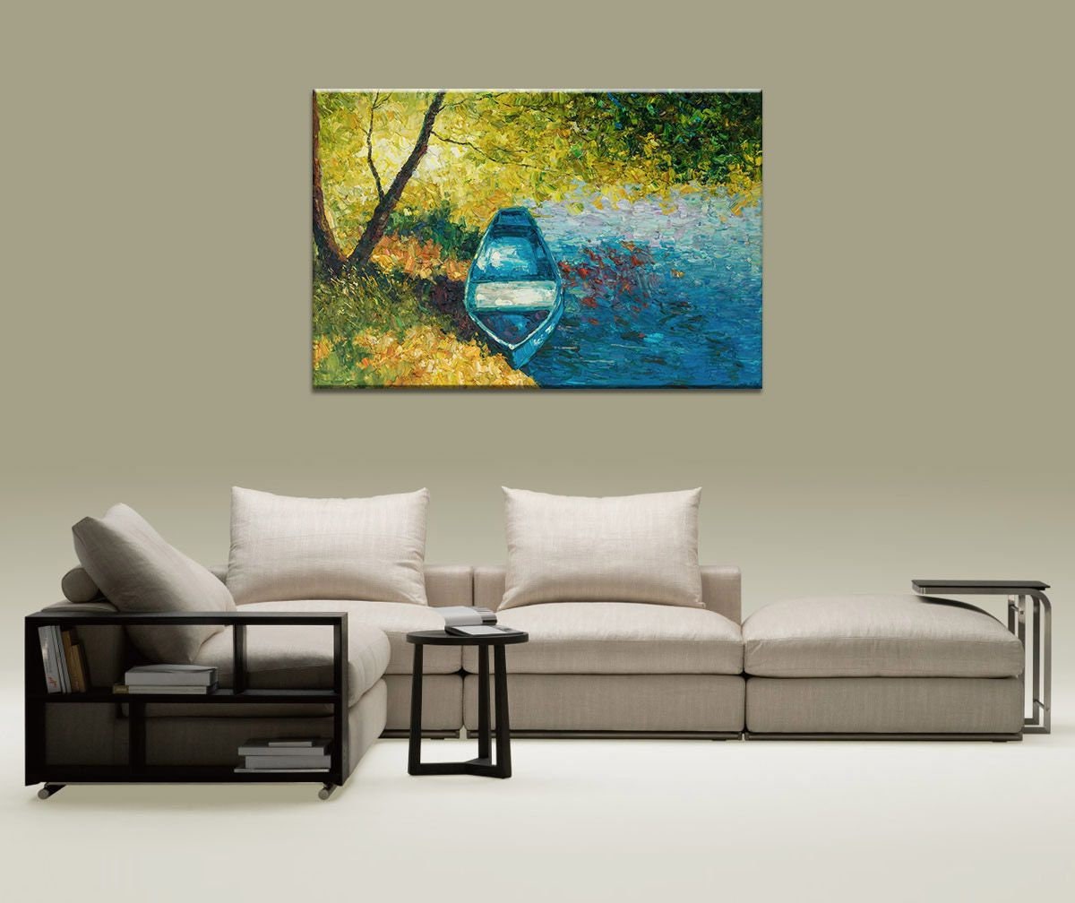Handmade Oil Painting - Fishing Boat Seascape Artwork | Modern Contemporary Palette Knife Painting | Wall Decor for Living Room, Bedroom & Office
