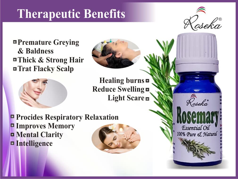 Roseka 100% Pure Rosemary Essential Oil (Rosmarinus officinalis) - 10ml Therapeutic Grade Steam Distilled for Hair Growth, Skin Care & Body | Natural Aromatherapy for Relaxation, Massage & DIY Beauty Products