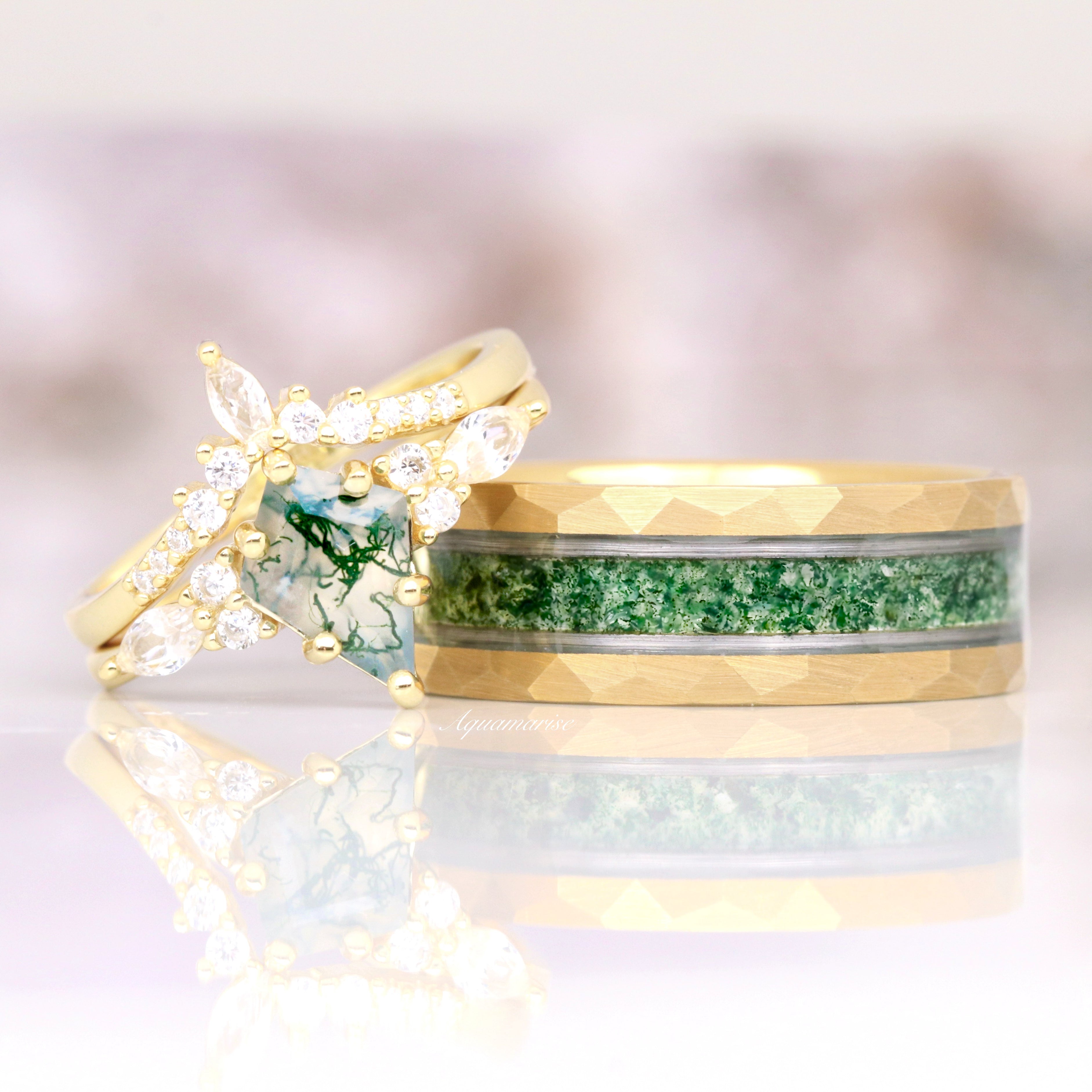Skye Kite™ Green Moss Agate Ring Set - 14K Solid Yellow Gold Women's Jewelry | Nature-Inspired Gemstone Rings for Everyday Wear, Gift Giving & Special Occasions
