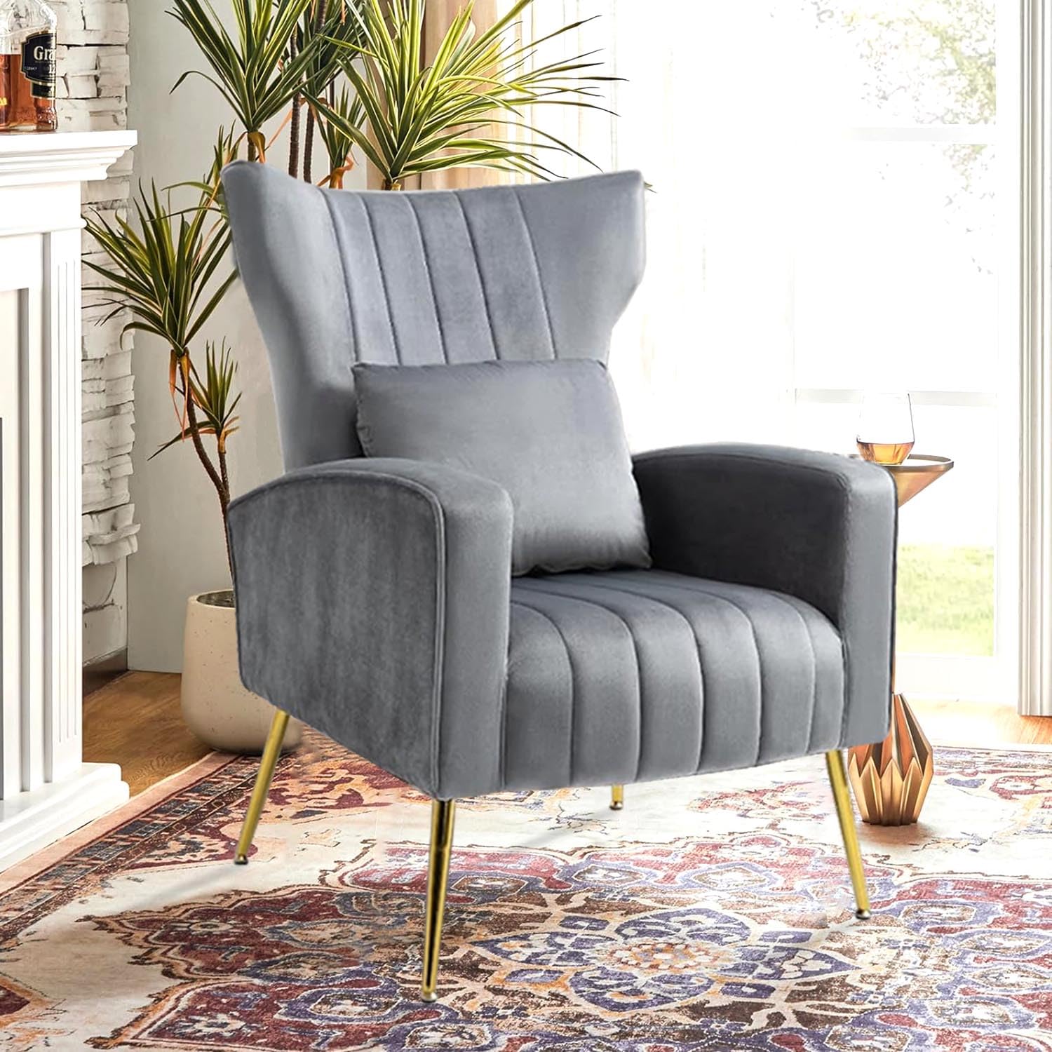 Velvet Accent Armchairs Set of 2 - Wingback Design with Lumbar Pillow - Modern Living Room & Bedroom Chairs - Office Guest Reception Side Chairs - Gold Finish Gray Velvet - Perfect for Home Decor, Lounge Seating & Elegant Entertaining Spaces