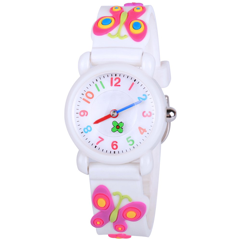 Venhoo Kids Watches - 3D Cute Cartoon Waterproof Silicone Wrist Watch for Girls Ages 3-10 - Perfect for School, Playtime & Outdoor Activities - White Butterfly Design