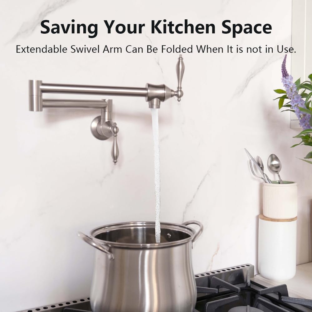 Brushed Nickel Pot Filler Faucet - Swing Arm for Kitchen Sink