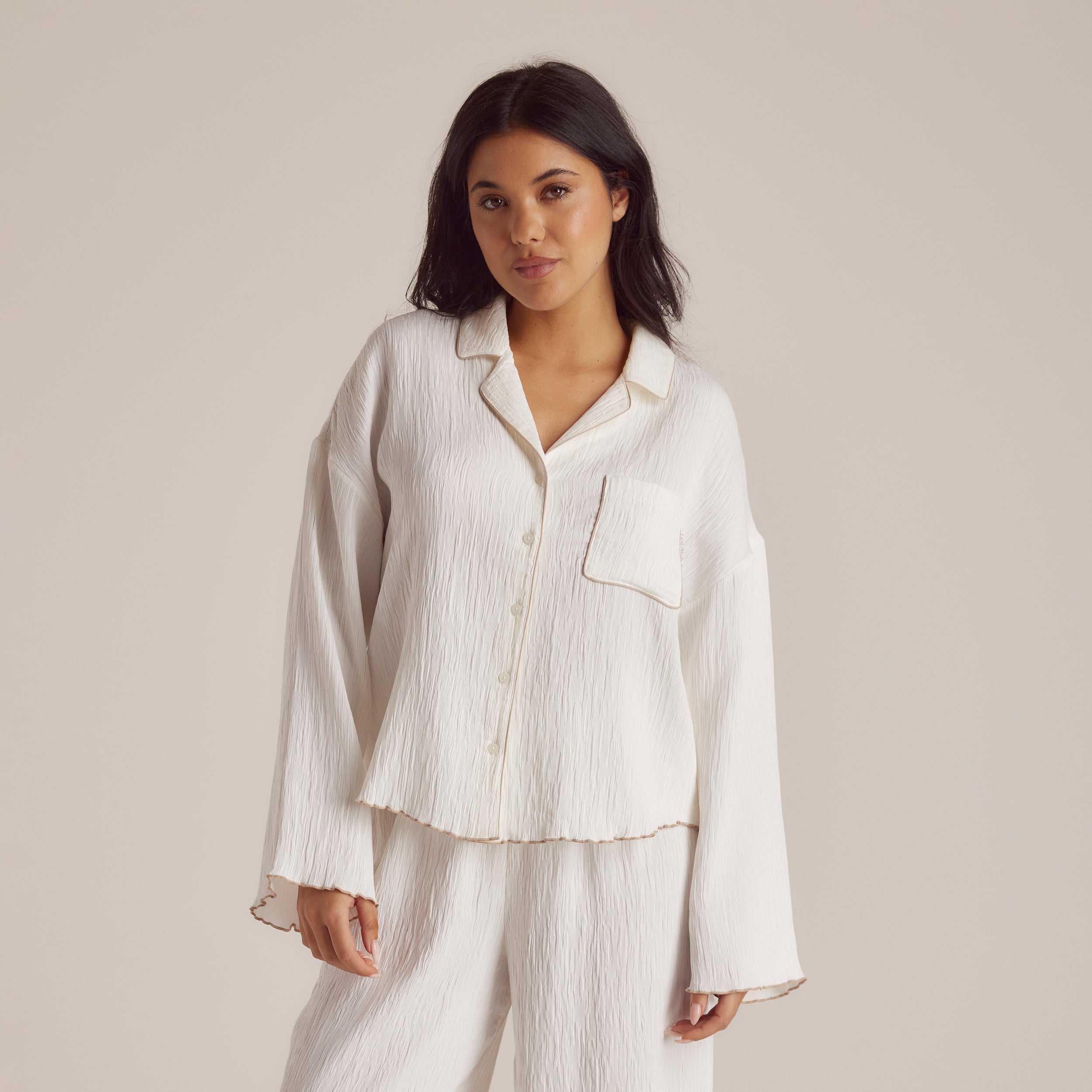 Soft Crinkle Cotton Pyjama Shirt for Women - Breathable White Sleepwear Top | Perfect for Loungewear, Sleepovers & Cozy Nights at Home