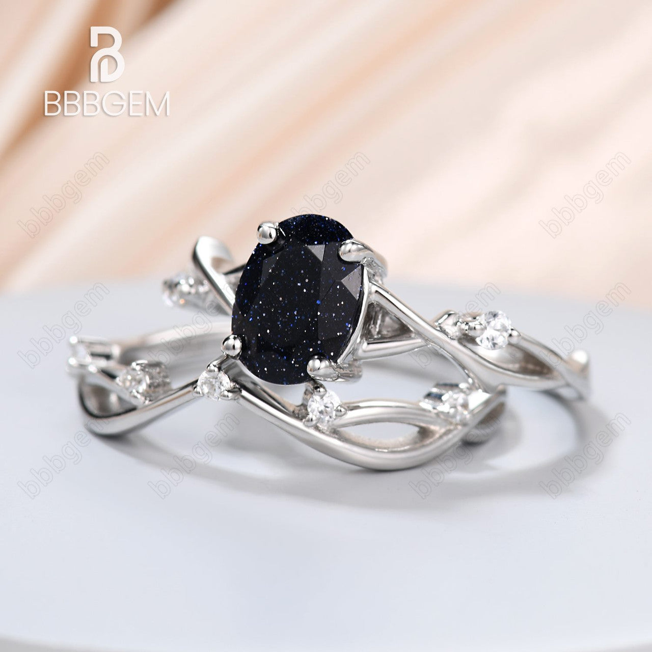 Oval Blue Sandstone Engagement Ring Set - 14K White Gold Solitaire Diamond Ring with Willow Twig Vine Design | Perfect for Proposals, Anniversaries & Wedding Jewelry