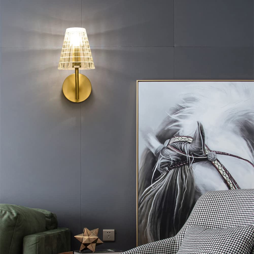 Modern Industrial Brass Wall Sconce Light - Single Head Glass Lampshade with E14 Base for Bedroom, Living Room, Kitchen, Hallway & Hotel Decor | Perfect for Ambient Lighting and Space-Saving Illumination