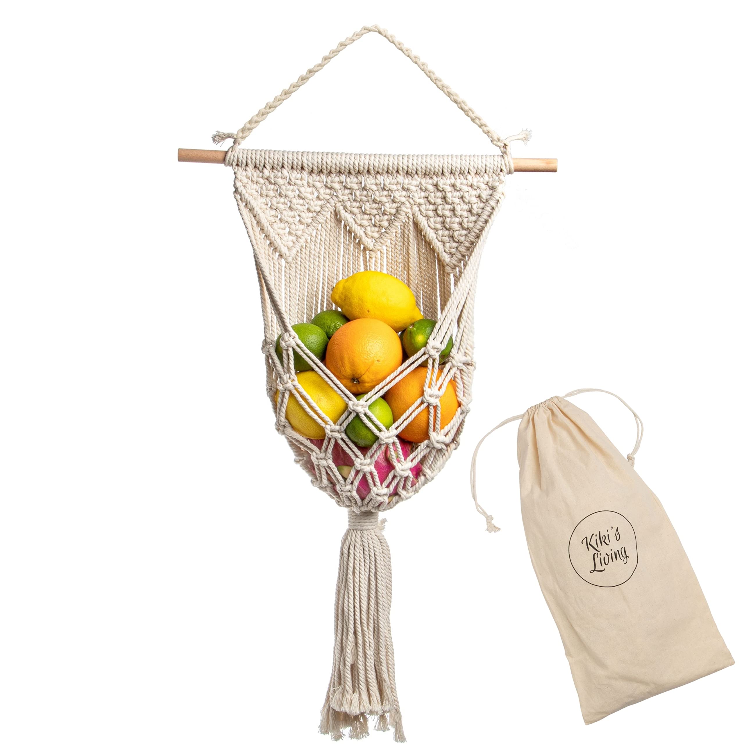 Macrame Wall Mounted Fruit Basket - Boho Kitchen Decor for Fresh Fruits & Vegetables | Perfect for Small Spaces, Pantry Organization & Stylish Home Decor