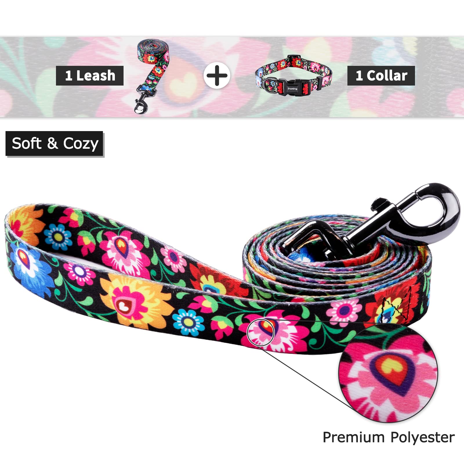 **iHoming Adjustable Puppy Collar & Leash Set for Small Dogs & Cats (XS, Up to 10LBS) - Black Floral Design - Perfect for Daily Walks, Running & Training - Ideal for Small Breed Pets**    *(Use Case: Great for outdoor adventures, park visits, or neighborhood strolls with your tiny furry friend!)*