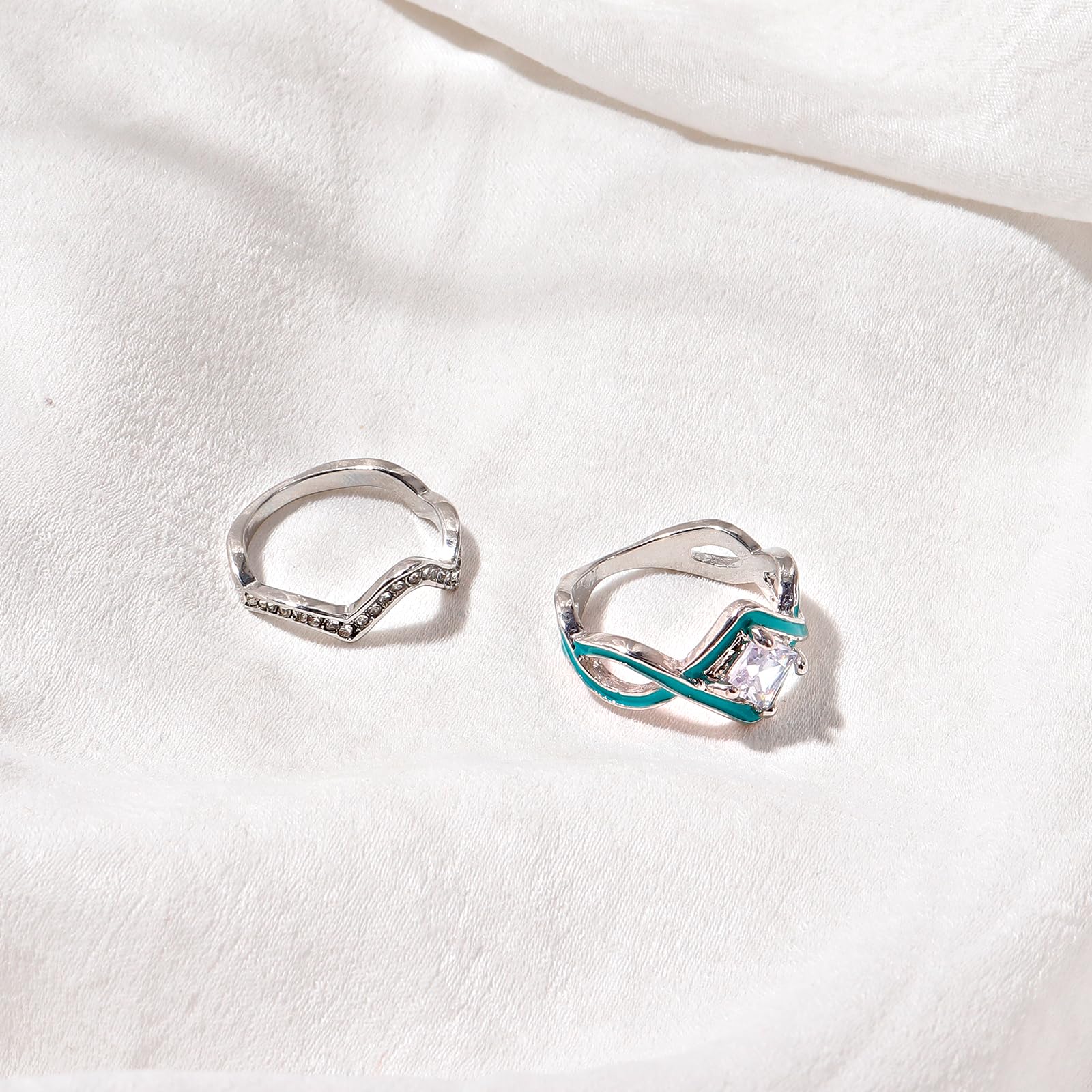 HUASAI Turquoise Rings for Women - Boho Jewelry Set, Bohemian Statement Ocean Wave Rings - Perfect for Beach Parties, Festivals & Everyday Boho Fashion