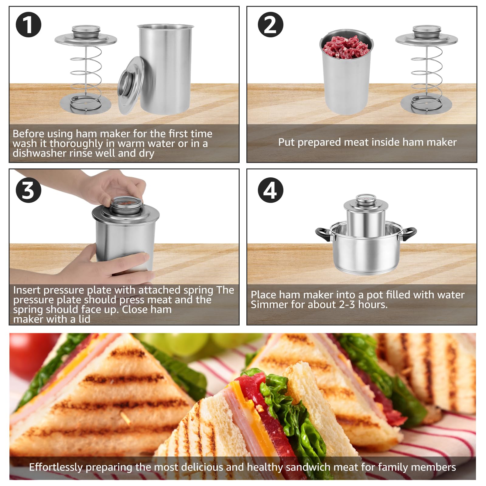 Premium 304 Stainless Steel Meat Press Cooker with Thermometer - Multifunctional Ham Press Maker for Beef, Pork, Chicken, Seafood & Deli Meats - Perfect for BBQ, Grilling, Panini Press & Restaurant Cooking
