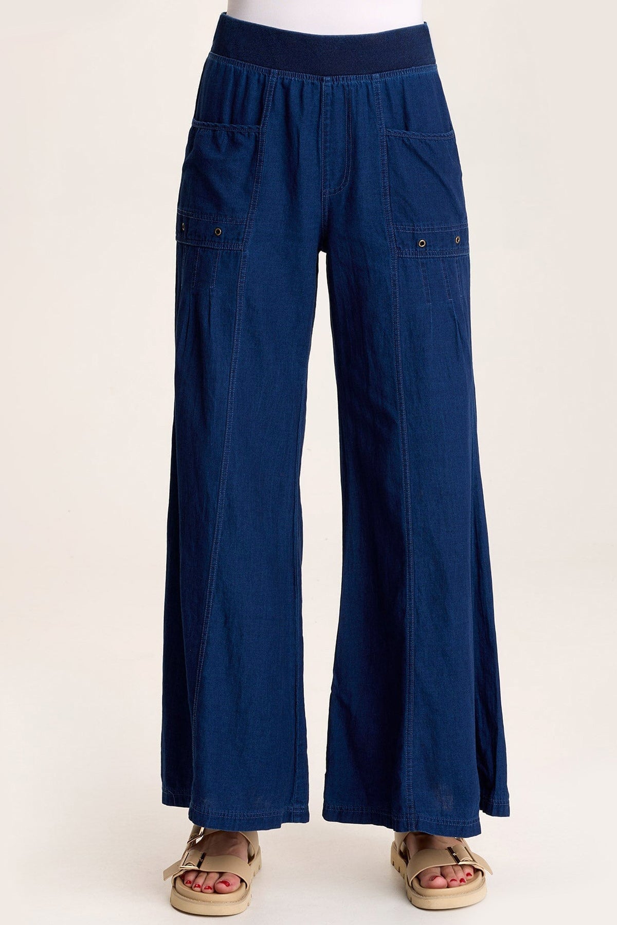 Florentine Mock Denim Wide Leg Pants for Women - High Waisted Stretch Comfort Pants | Casual Lounge, Office Wear & Everyday Outfits