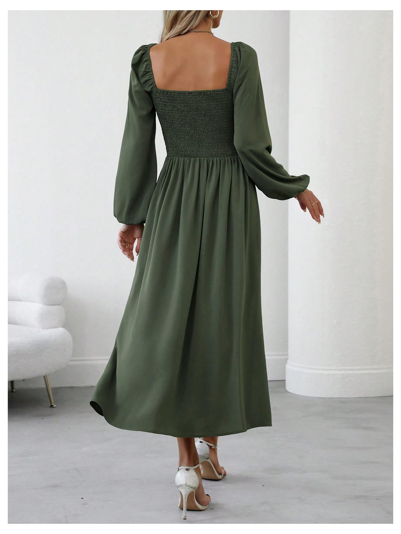 Floerns Women's Square Neck Lantern Long Sleeve Party Dress - Elegant Ruched Midi Dress with Side Split for Evening Events, Weddings & Special Occasions
