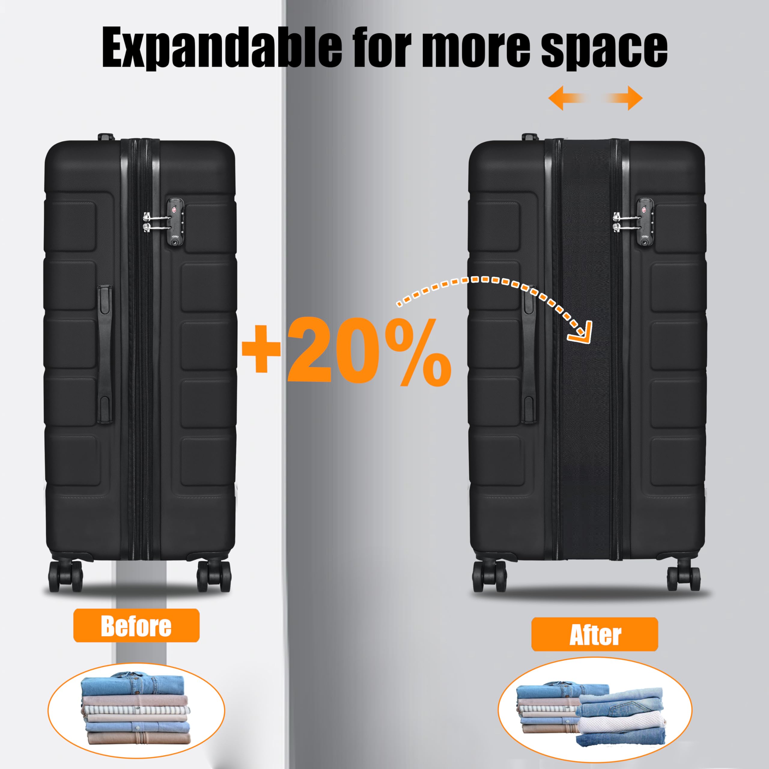 Lightweight Expandable 3-Piece Hardshell Luggage Set with Double Spinner Wheels & TSA Lock - 20in, 24in, 28in Carry-On Suitcases for Travel - Perfect for Family Vacations, Business Trips & International Adventures (Black)